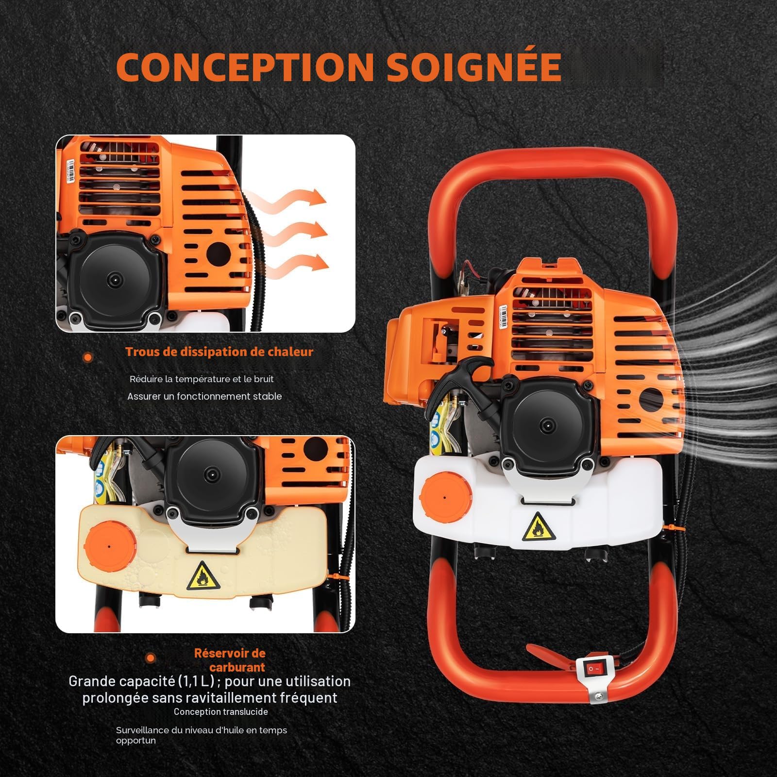 Tarière à essence 52 cc avec 3 forets (100/150/200 mm) | Profondeur de perçage 1,98 CV & 108 cm | Économie de carburant 600 g/kWh + amortissement des vibrations | Avec rallonge et kit d'accessoires
