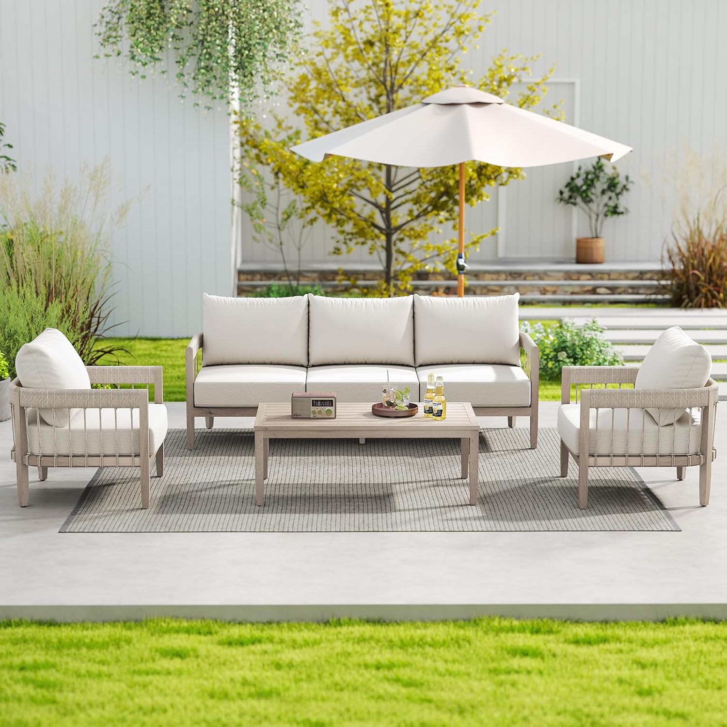 4-Piece Patio Furniture Set, Never-Rust Aluminum Patio Conversation Set, Outdoor Sofa Set with Faux Wood Grain Finish, Rope Weave Patio Sofa Set with Coffee Table for Backyard, Poolside, Deck | Never-Rust Aluminum, Faux Wood Grain, Rope Weave Craft, Wraparound Design, Extra Thick Cushions, Adjustable Feet