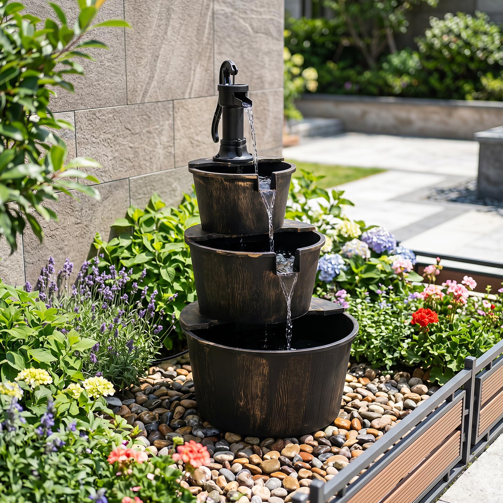 COSTWAY Fontaine de Jardin à 3 Niveaux en Baril avec Pompe Réglable