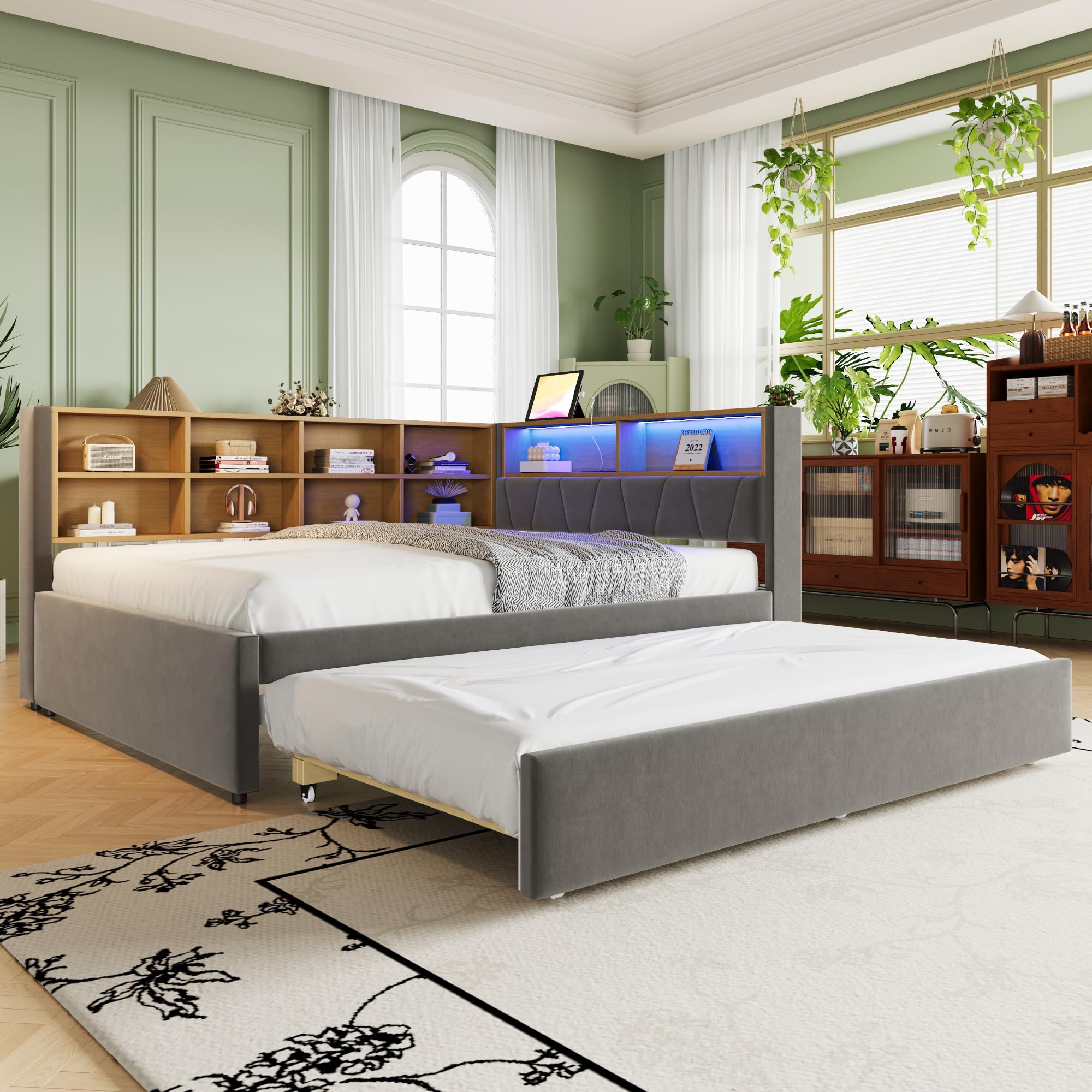 Letto imbottito Daybed 140x200cm, Divano letto con letto estraibile, Letto matrimoniale con luci LED, Prese e scomparti, Divano letto multifunzionale, Telaio del letto, Flanella (Grigio scuro