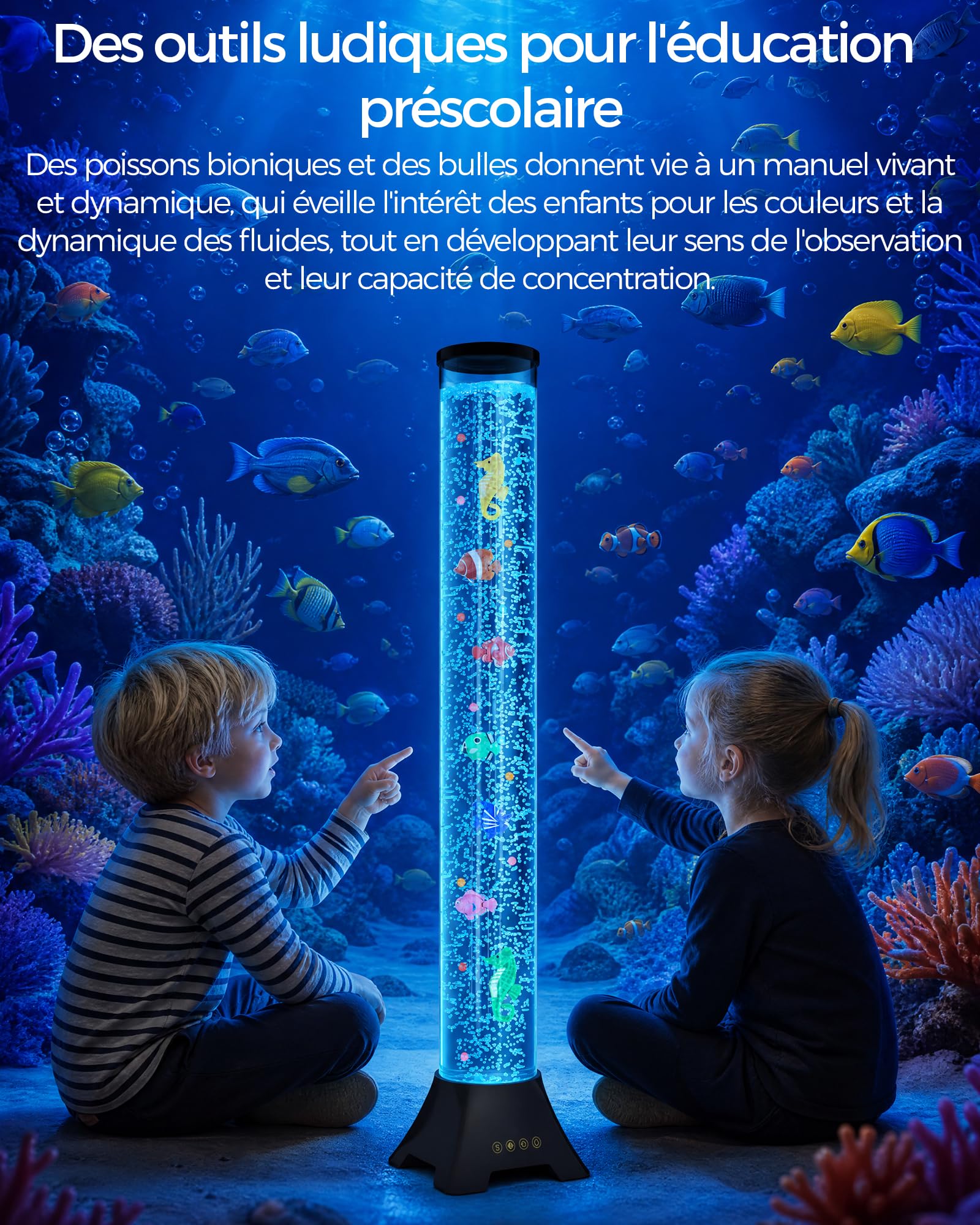 Radikor Colonne d'eau LED avec poissons, lampe Bubble Fish avec 2 pompes à air et 50 % de bruit en moins, 17 couleurs, télécommande de 10 m, lampe à bulles pour apaiser l'autisme/le TDAH, décoration