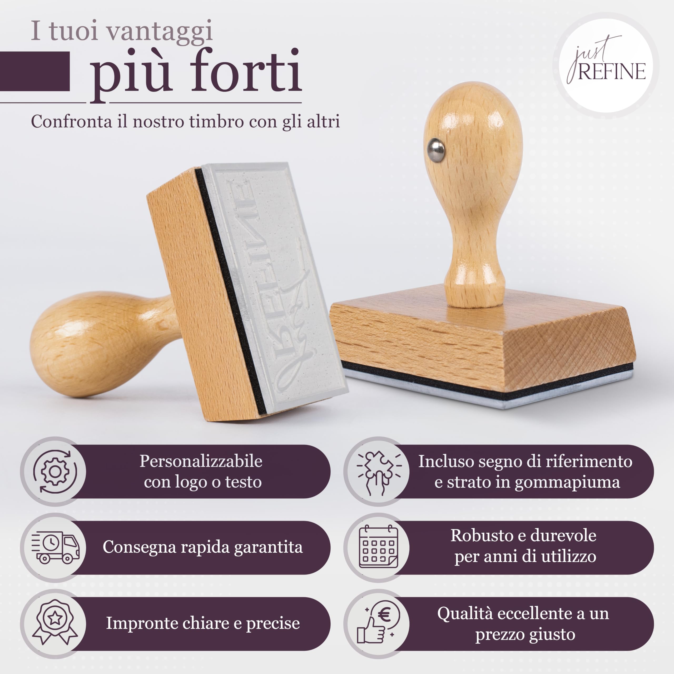Timbro personalizzato, timbro con logo/testo, timbro aziendale con logo e testo, timbro con indirizzo e data in legno, varie dimensioni (ø 50mm)