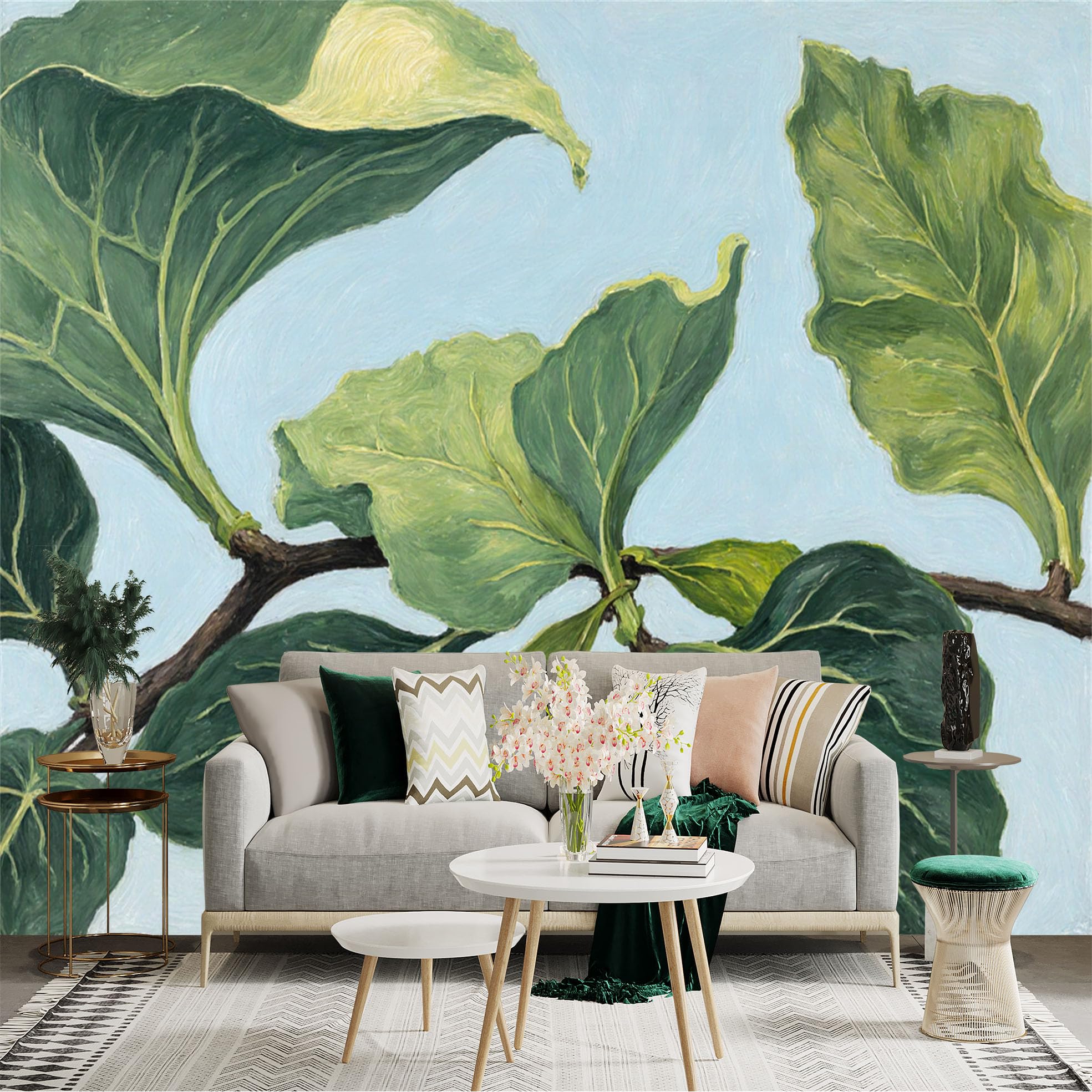 Custom Size Wall Sticker Mural， Impressionist Oil Painting Style， Green Fiddle Leaf Fig Branch， Large Tropical Foliage， Blue Sky Background， for wall Decoration， peelandstick wall Decals.