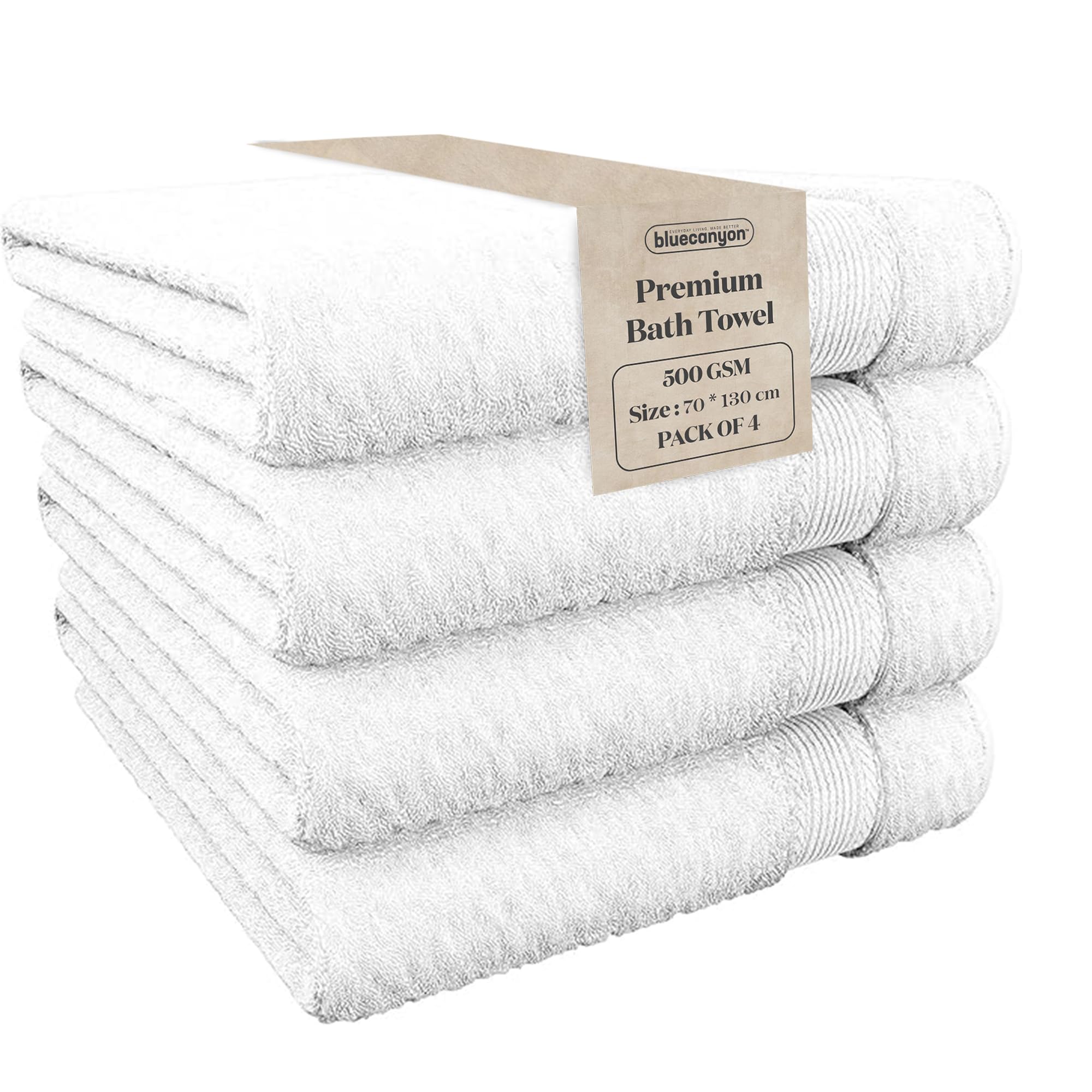 Blue Canyon Bath Towels, Bathroom Soft Towels, Woven Light–Weight, Quick Dry, Reusable Bath Towels, Bacteria Resistant, Skin Friendly, Makeup Remover Towel 70 * 130 cm, 500 GSM, PACK OF 4, (WHITE)
