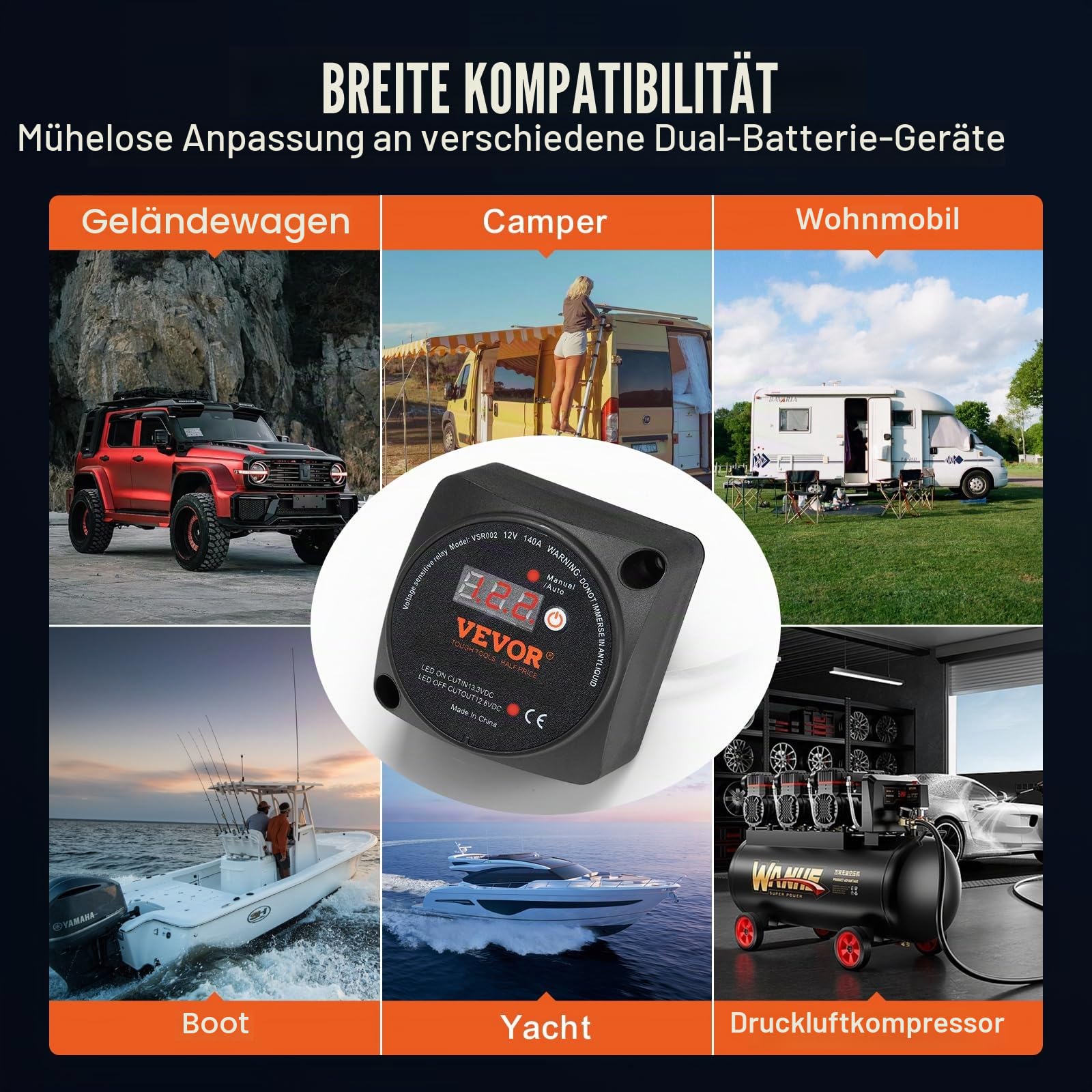VEVOR Doppelbatterie-Trennrelais, 12 V, 140 A, manueller und automatischer Modus, spannungsempfindliches VSR-Relais mit LCD-Bildschirm, für ATV, UTV, Wohnmobil, Wohnwagen, LKW, Boot, Yacht