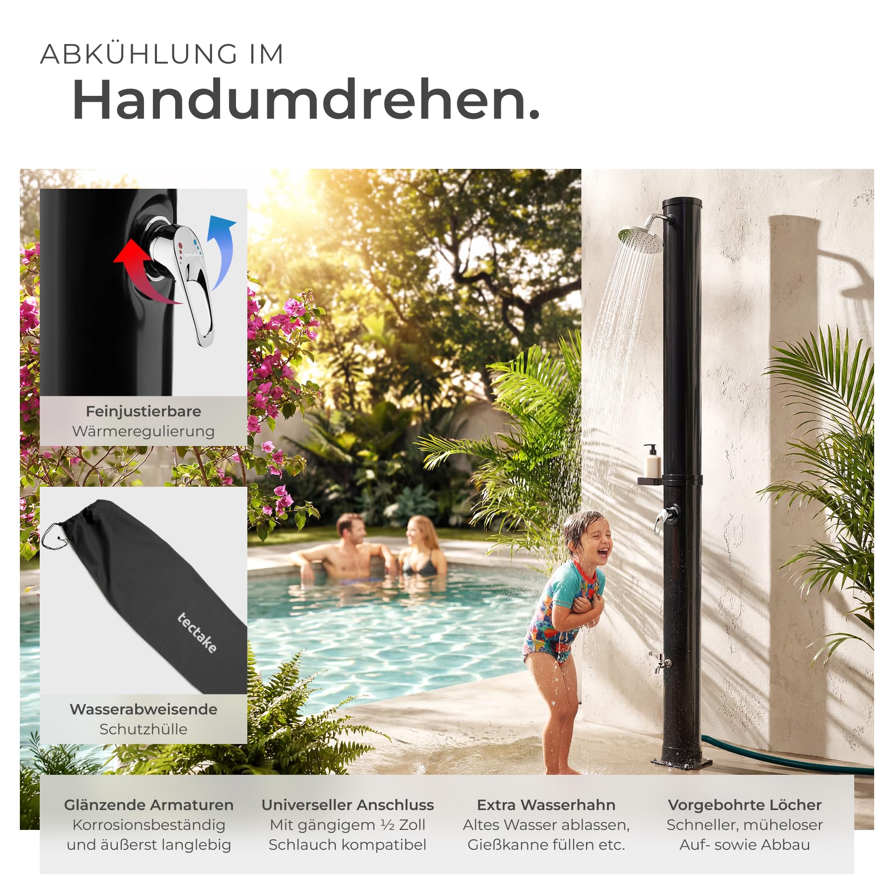TecTake® Solardusche, 40 l, bis 60° C warmes Wasser, drehbarer Regenduschkopf, Gartenschlauch-Anschluss, Solar Dusche, Solarduschen, Solar Duschen, Garten Solardusche, Camping Solardusche - schwarz