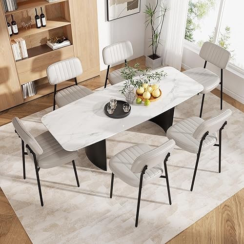 Miniatura 6 de Juego de 6 sillas de comedor, modernas sillas de comedor de piel sintética con respaldo de asiento grueso y patas de metal, cómodas sillas de cocina