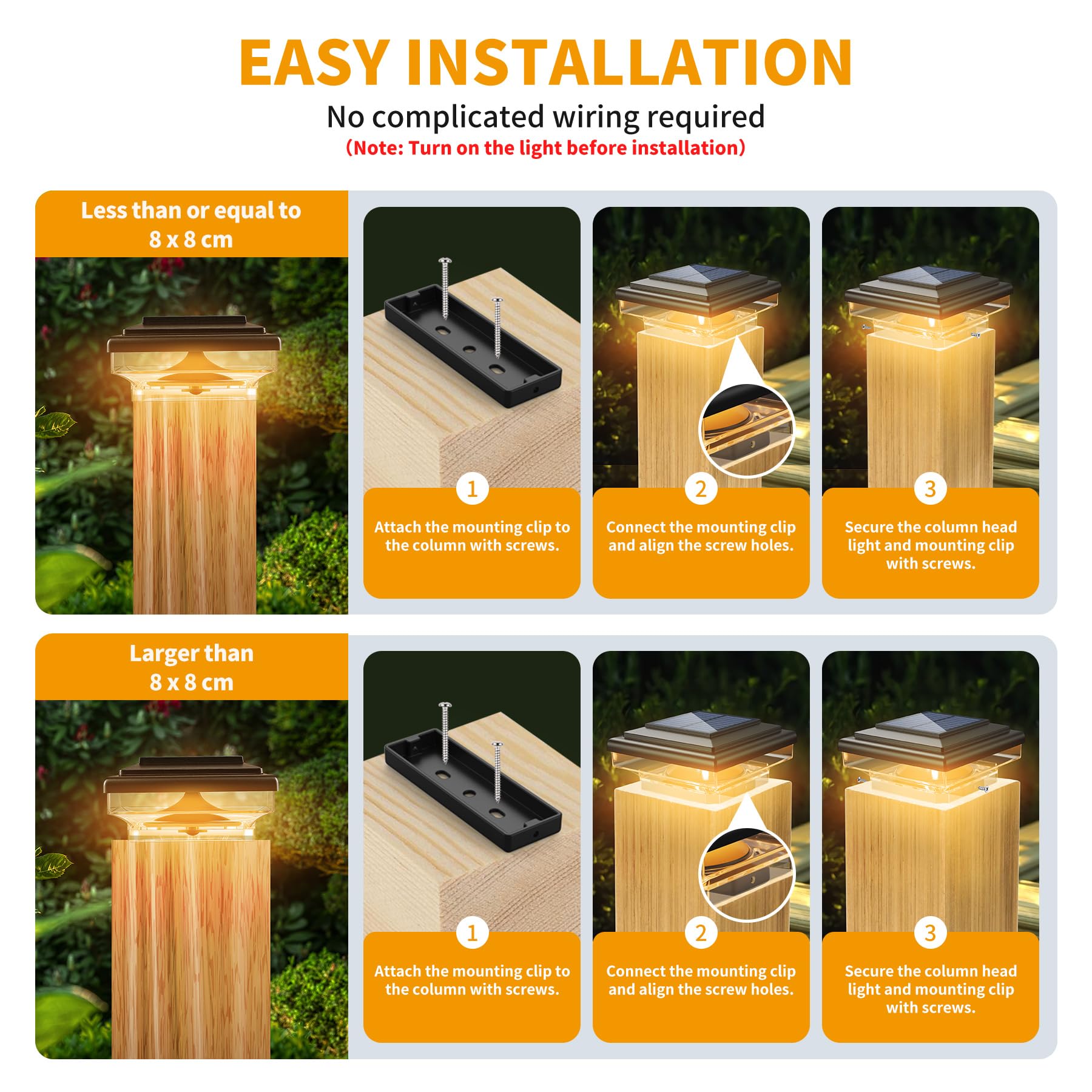 Lámparas de Columna Solar para Postes 7x7 8x8 9x9 10x10cm, 4 Piezas | Tapa de Poste con 8 LEDs Blanco Cálido, Impermeables para Vallas Exteriores