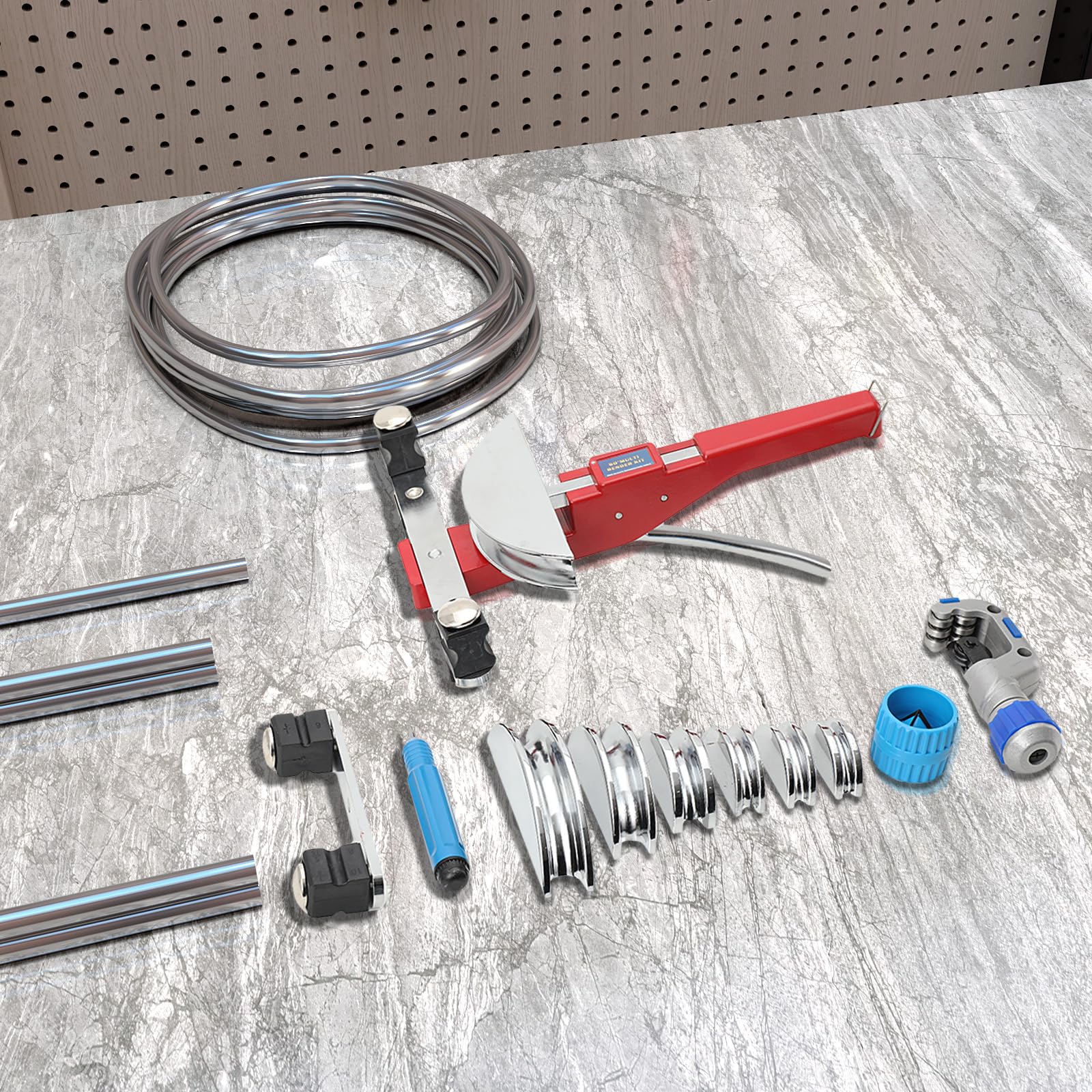 Curvatubi Manuale Ø 6-22 mm, Piegatubi Manuale Curvatubi Multistrato con Gamma di Curvatura 0-90°, Pinza Piegatrice per Tubi a Mano con 7 Stampi Pesanti per Tubi in Ottone, Rame, Alluminio