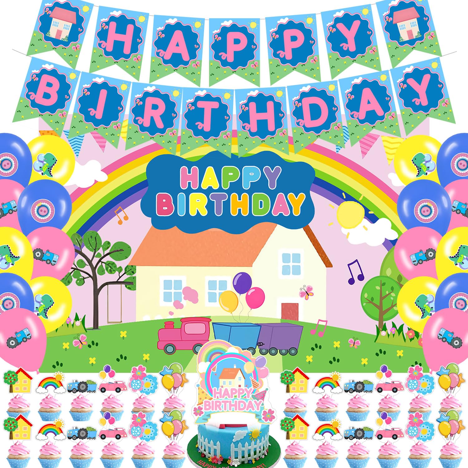 Pink Pig Birthday Party Supplies, Cartoon Birthday Party Decorations Set Include Banner, Backdrop, Balloons, Cake Cupcake Toppers for Pink Pig Party