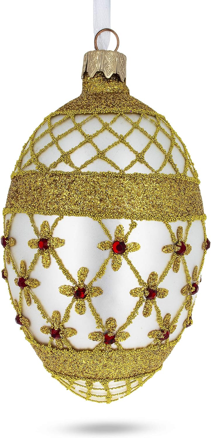 Gold Stars On Trellis Egg Glass Ornament 4 Inches