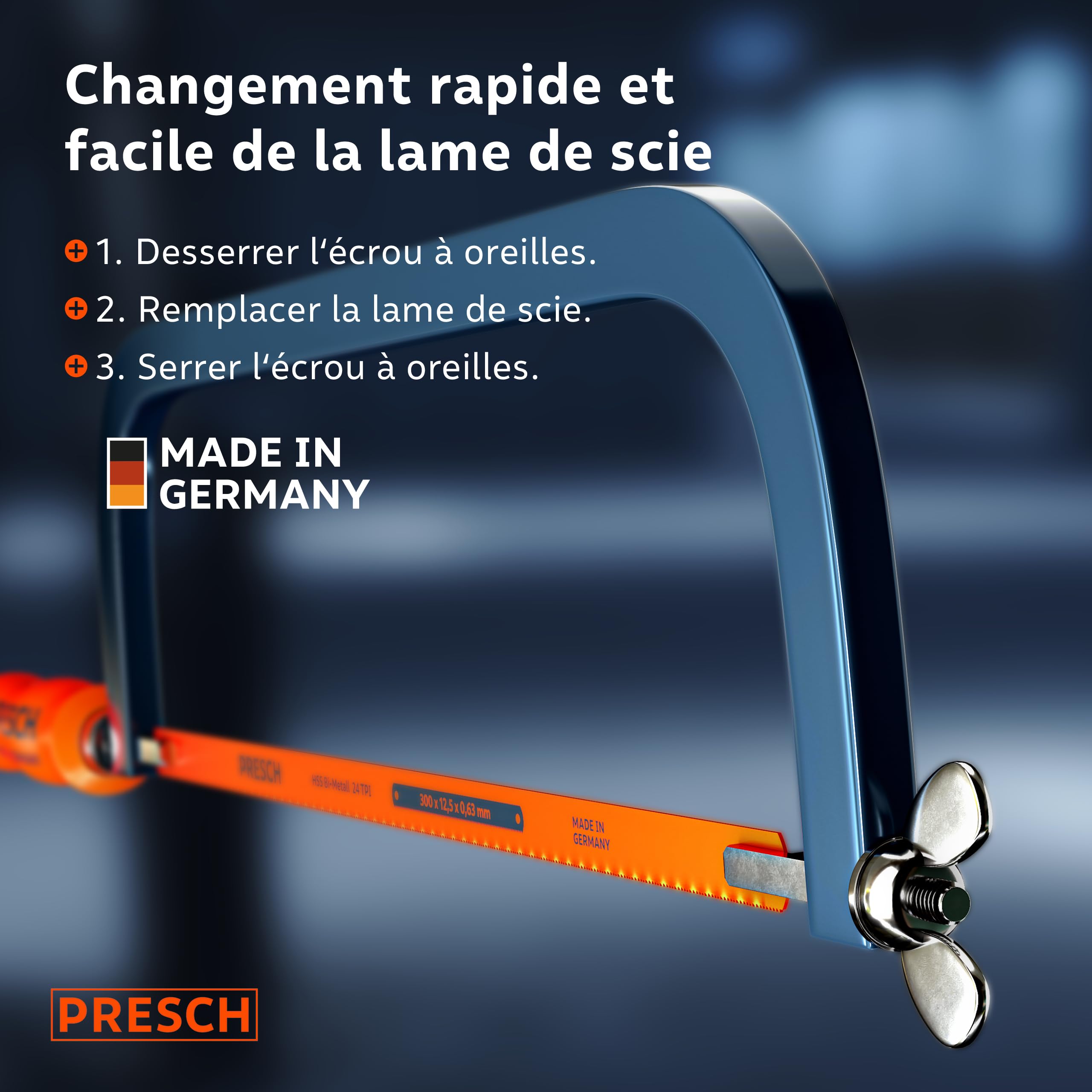 Presch Scie à métaux 300mm - Avec lame de scie BI-métal pour une coupe précise - Rotation de 90° de la lame pour des coupes horizontales & verticales - Changement rapide des lames