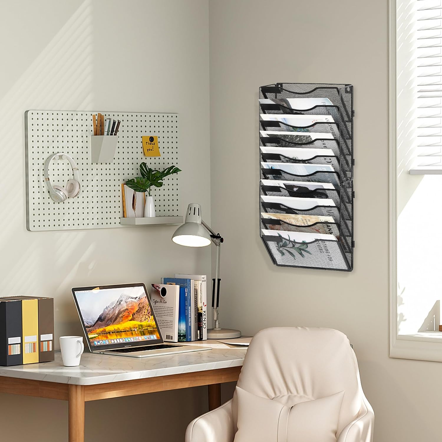 EasyPAG Wall File Organizer for Office 10 Pocket Mesh Wall Mounted Paper Organizer Hanging Folder Holder with Nametag Label for Home School, Black