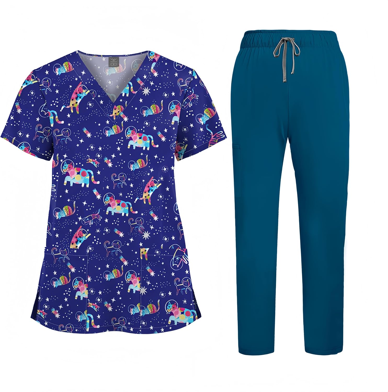 Aylashine Printed Scrubs for Women, Nurse Uniform,Medical Proffesional V Neck Short Sleeve Stretch Functional Workwear