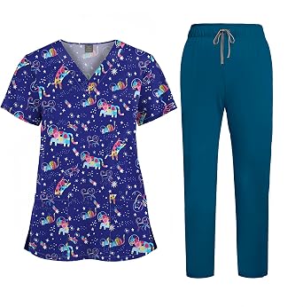 Aylashine Printed Scrubs for Women, Nurse Uniform,Medical Proffesional V Neck Short Sleeve Stretch Functional Workwear