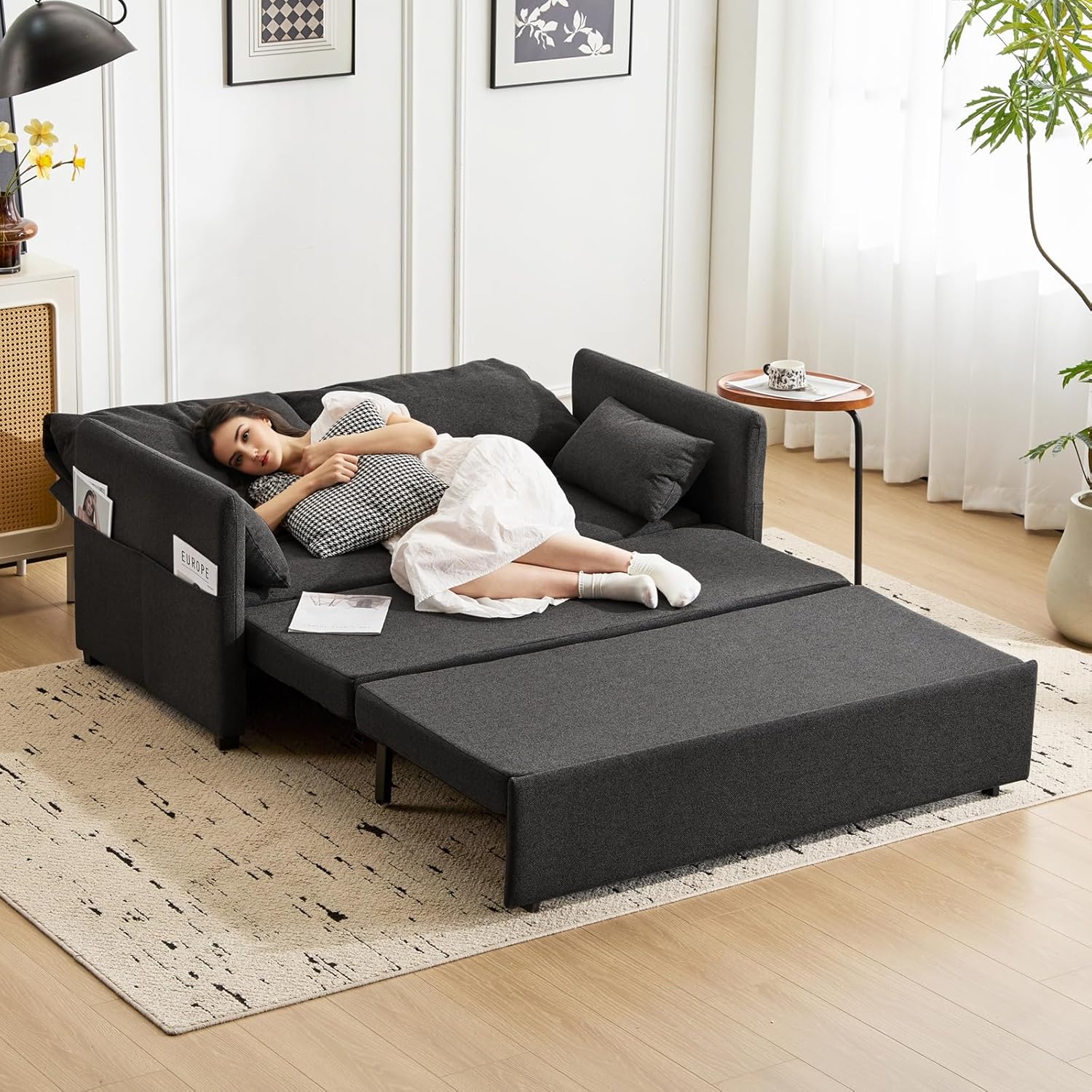 Furnimart 62" Queen Size Sleeper Sofa with Pull Out Sofa Bed, 3 in 1 Convertible Loveseat Sleeper with 6-Position Adjustable Backrest, Modern Linen Futon Couch for Living Room, Apartment, RV, Black