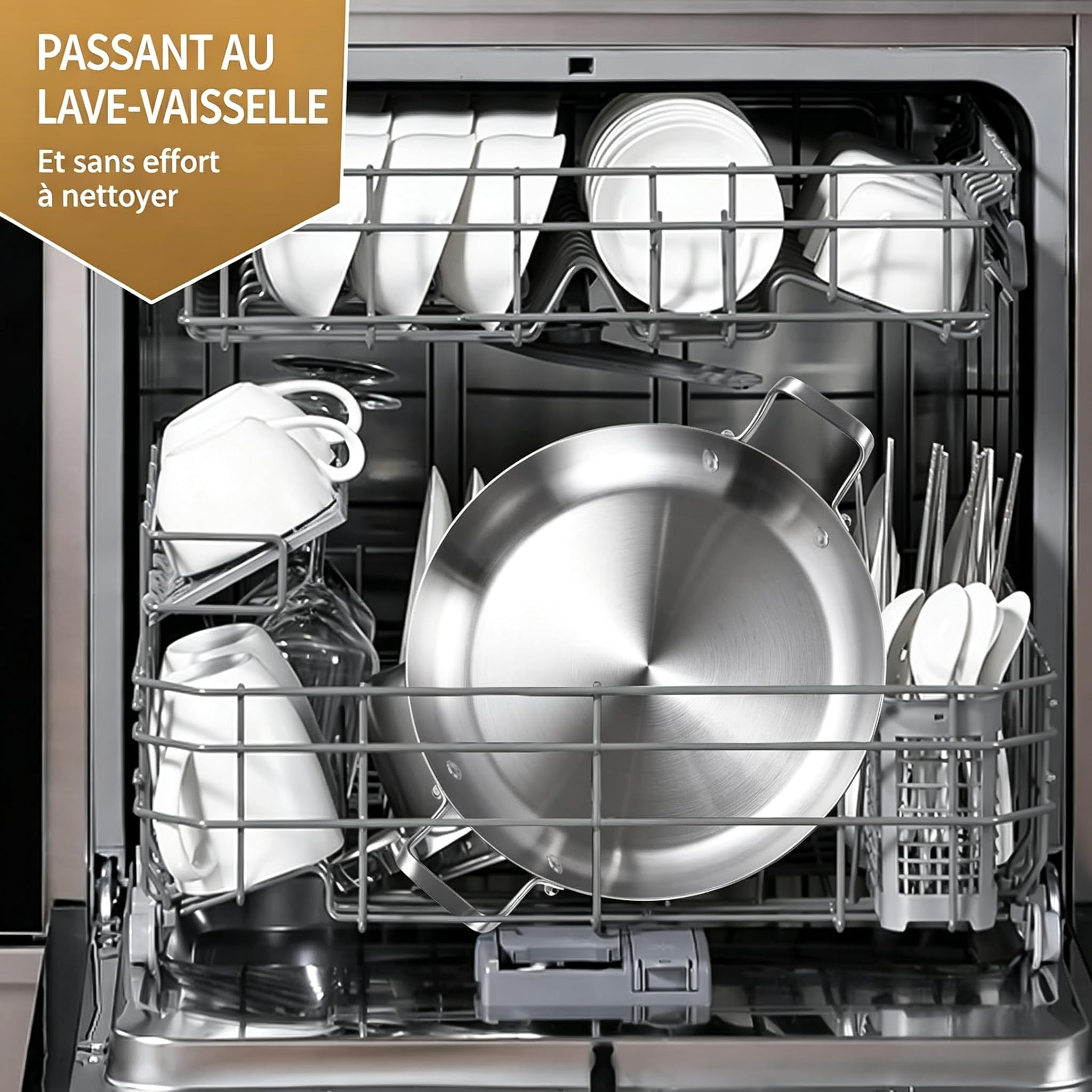 Inqibee Poêle à Paella 30 cm en Acier Inoxydable avec Couvercle, Poignées en Inox, Pour 3 à 5 Personnes, Nettoyage Facile, Compatible Lave-vaisselle, Four et Tous Feux Induction et Gaz