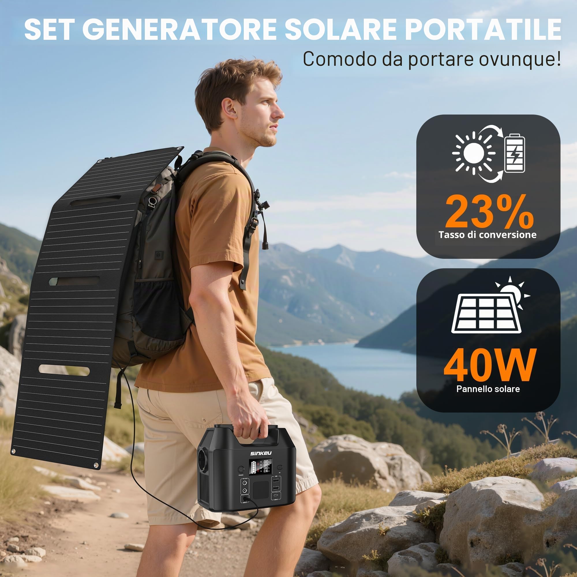 SinKeu Powerstation portatile da 96 Wh con pannello solare da 40 W, batteria LiFePO4 da 30.000 mAh, con presa CA da 230 V, 150 W, 12 V DC/USB, alimentazione di emergenza per campeggio, picnic