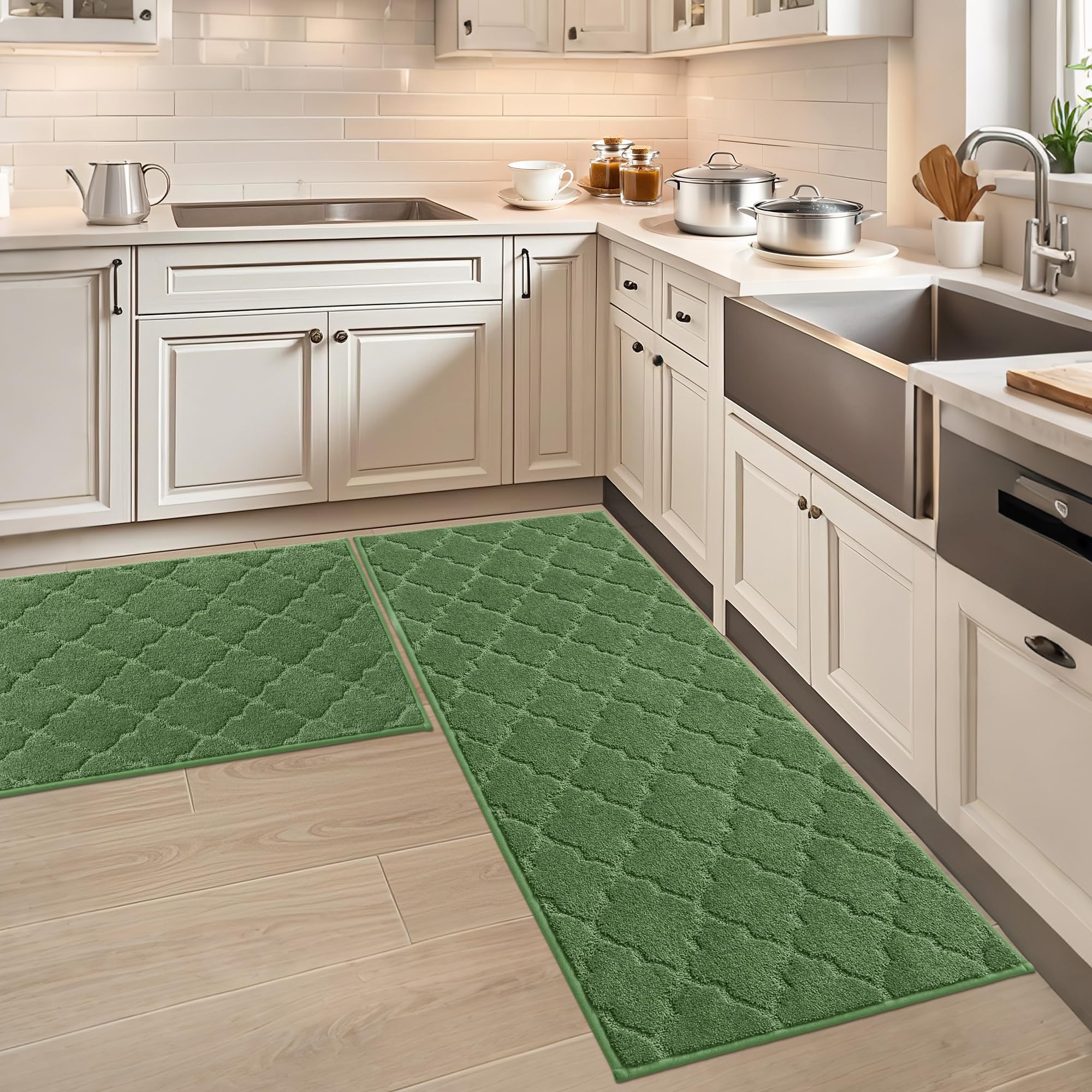 COSY HOMEER Alfombra de Cocina Antideslizante Lavable, Set de 2 Unidades (61 x 90 cm + 61 x 152 cm), Alfombra para Pasillo y Cocina, Ideal para Sala de Estar, Verde Global Recycled Standard Global Recycled Standard OEKO-TEX STANDARD 100 Global Recycled Standard