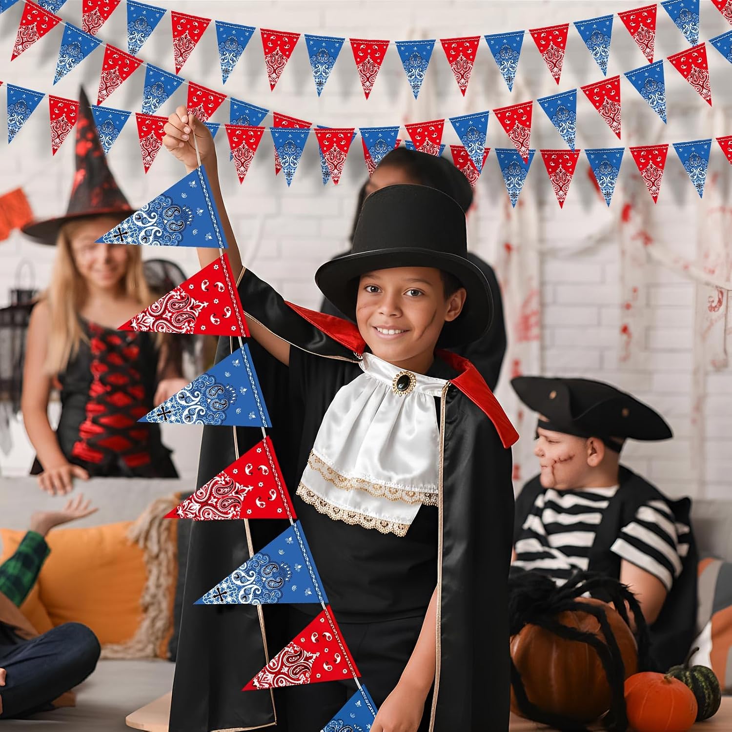 Boao 5 Pack Western Cowboy Party Decorations Bandana Pennant Banner Wild West Decor Western Cowboy Themed Yee Haw Country Party Decoration Supplies 9.8 x 5 ft(Red, Blue)