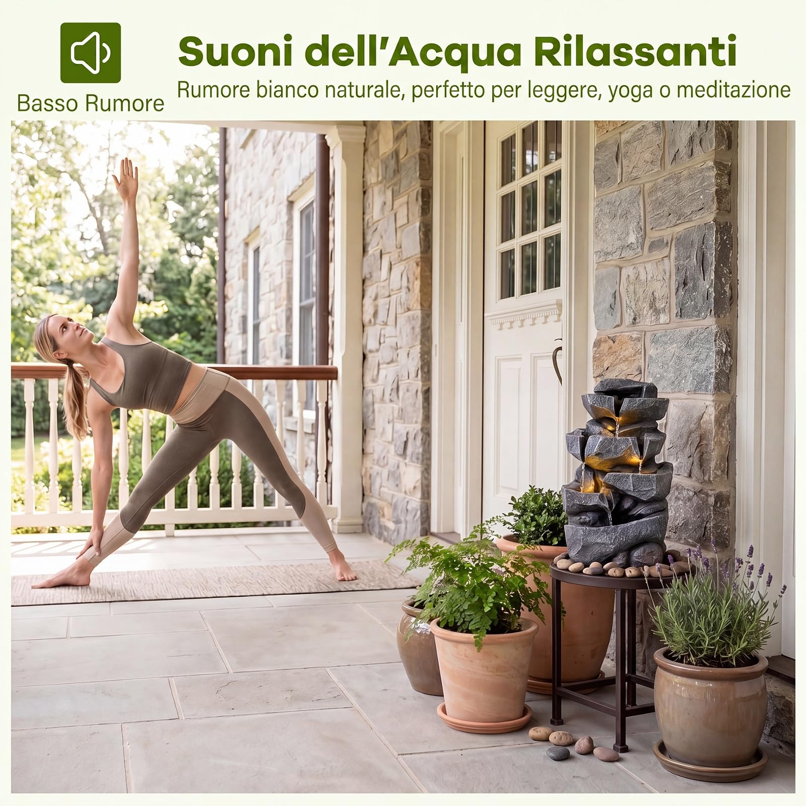 COSTWAY Fontana da Giardino a 5 Livelli, Fontana Cascata da Esterno con Luci e Flusso d'Acqua Regolabile, Fontanella Elettrica a Forma di Roccia con Effetto di Pietra da Terrazza e Balcone