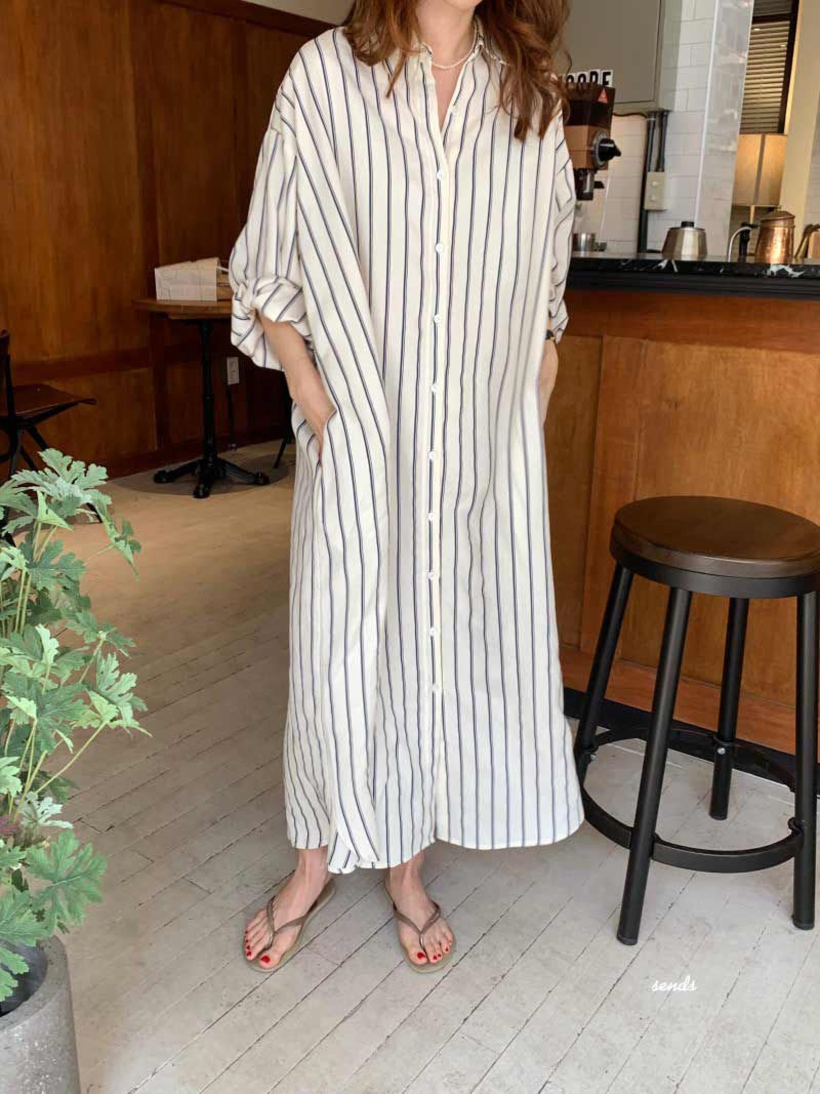 Amazon.co.jp: シャツワンピース ストライプ シャツ ロング丈 長袖  