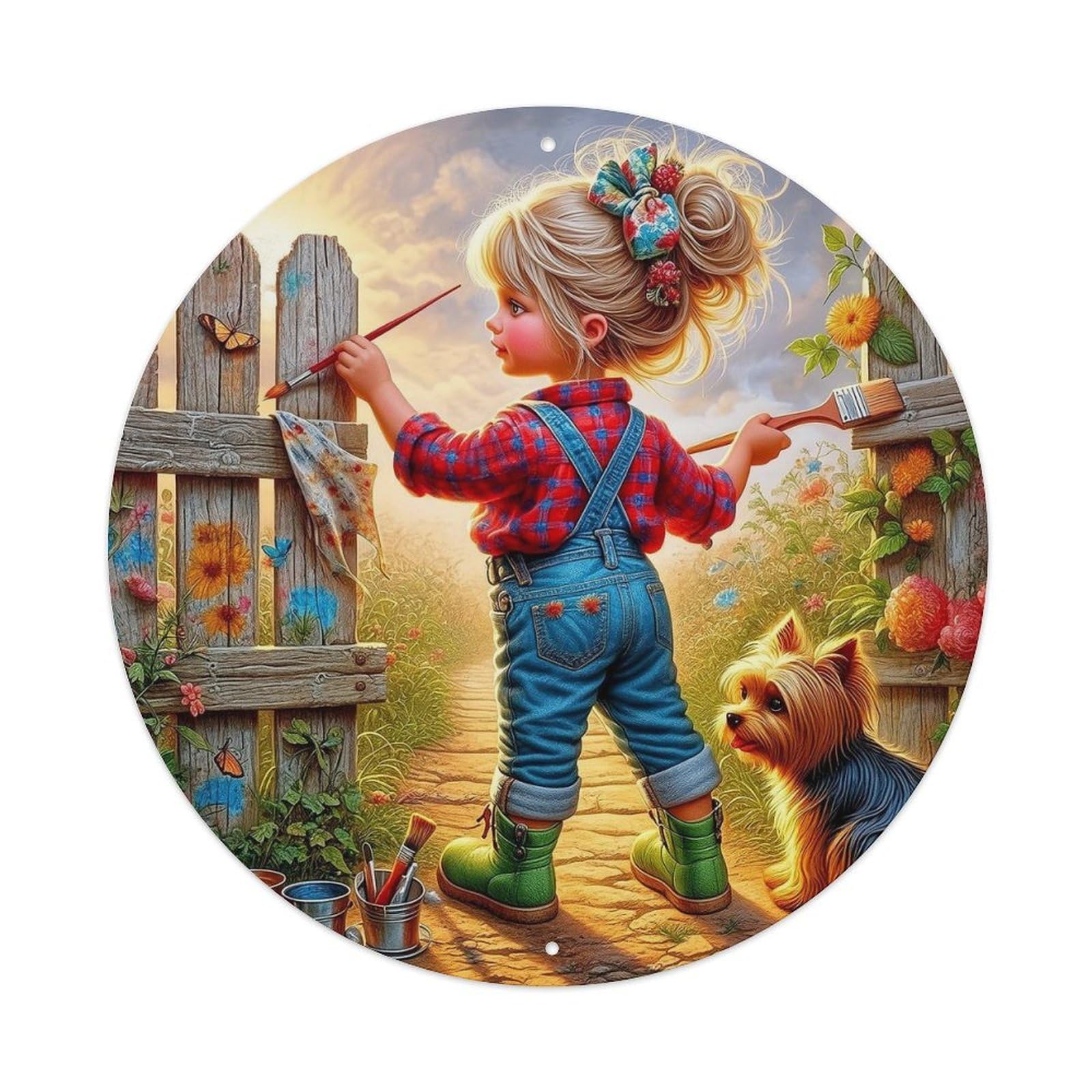 Floral Butterflies Sunlight Garden Dog Round Tin Sign Vintage Metal Sign Home Bar Garden Indoor & Outdoor Wall Decor Retro Metal Poster 8x8 Inch