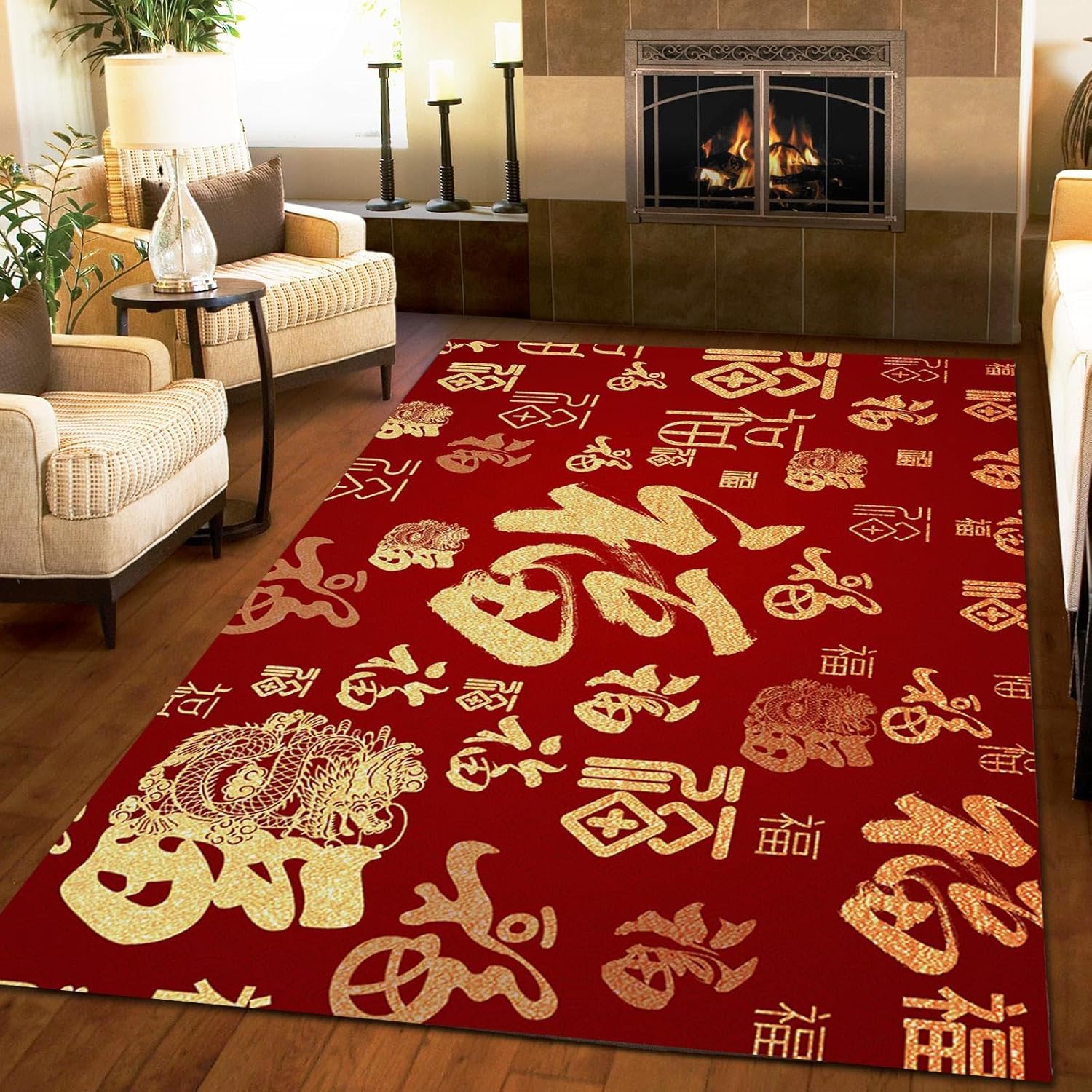 Chinese Red Gold Blessing Character Area Carpet, Vintage
