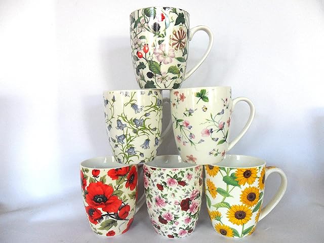 Heron Cross Pottery "Abbeydale Collection" Set of 6 Aspen China Mugs in assorted chintzy floral designs