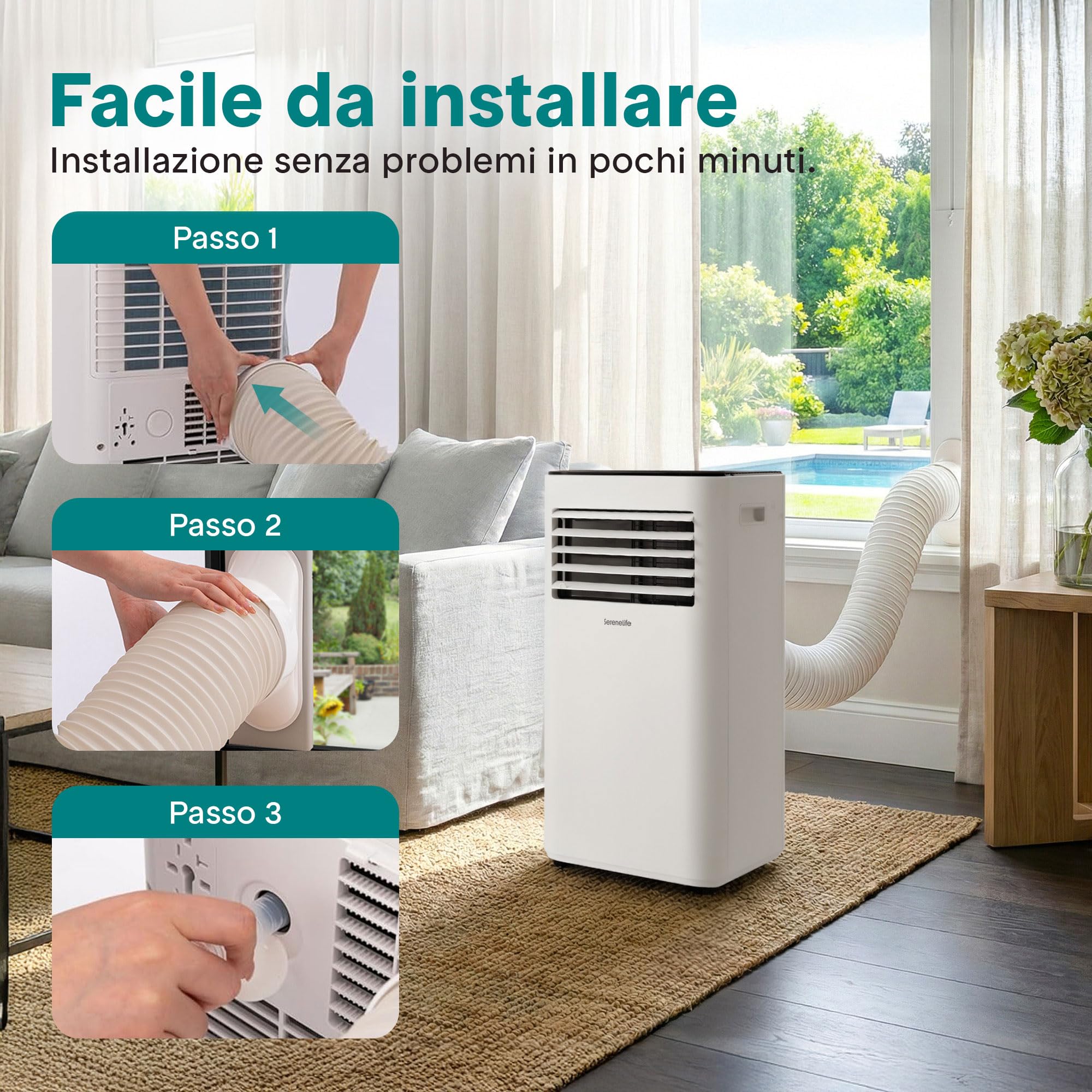 SereneLife przenośna klimatyzacja i ogrzewanie – mobilny klimatyzator 9000 BTU z zestawem okiennym, cicha praca, 3 tryby, 12-godzinny timer, funkcja Wi-Fi, do domu i biura