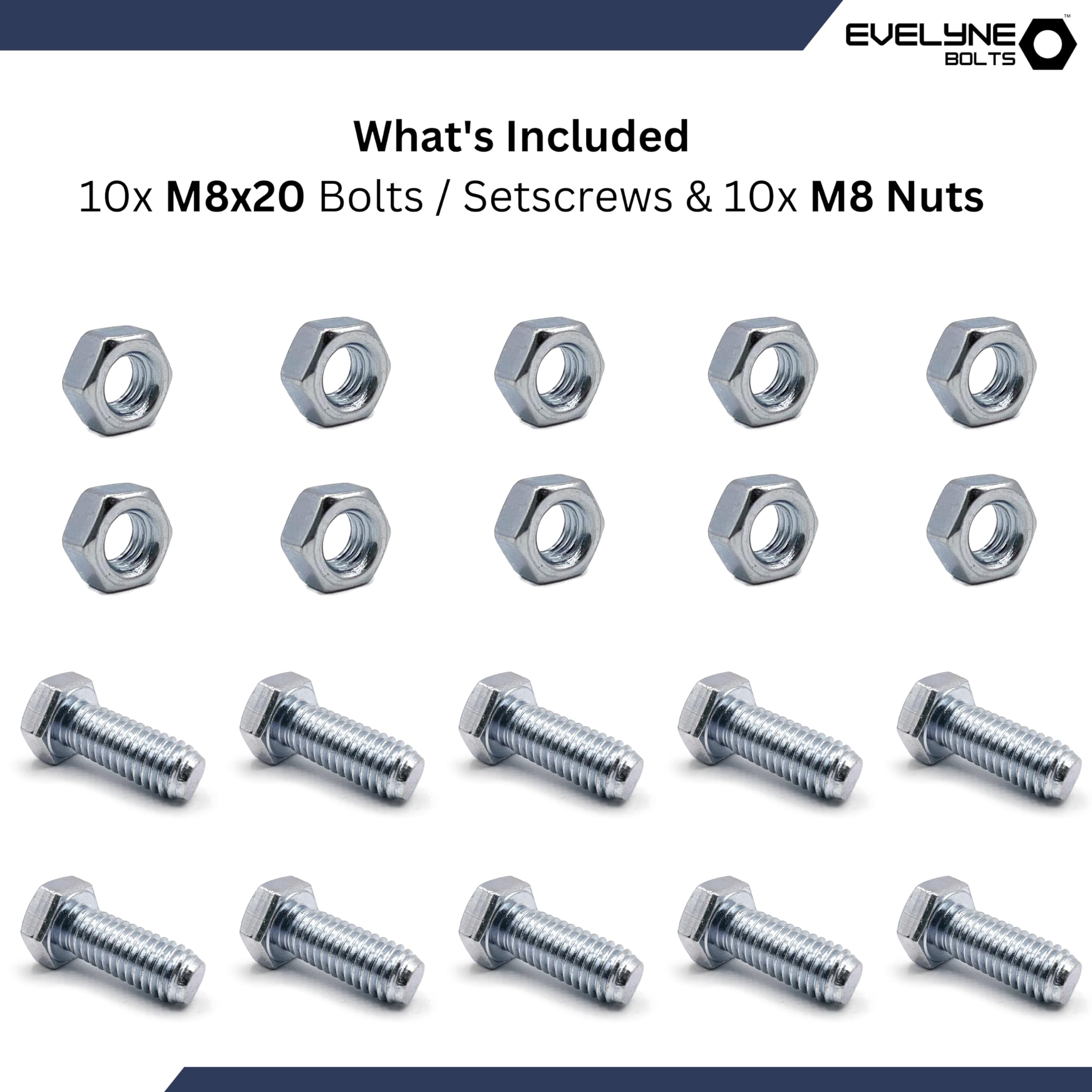 M8 Nuts & Bolt 10 Pack (M8 x 20mm Bolts & M8 Nuts) Hex Bolt/Setscrew Fully Threaded, Silver - Image 2