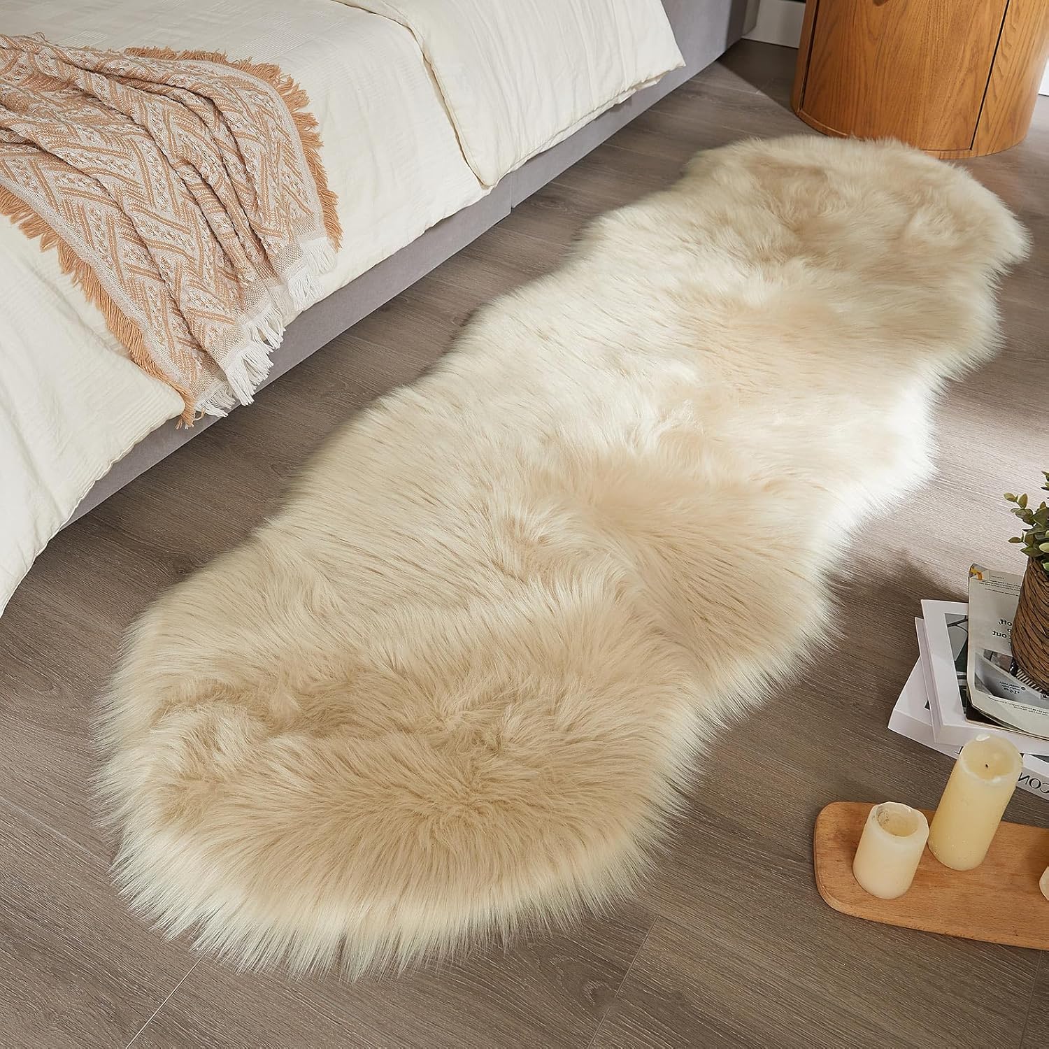 AMTOVO Faux Sheepskin Rug, Beige Ultra Soft Fluffy Shag Area Rug, 2 x 6 ft Faux Fur Rug for Bedroom Sofa Throw Cushion Room Decor, Sheepskin - Image 4