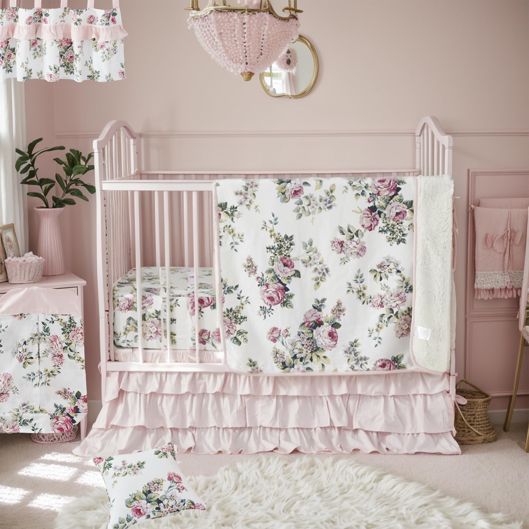 Brandream Juego de ropa de cama 100% algodón para cuna de bebé y niña, 6 piezas, diseño floral botánico de rosa, manta de edredón de lujo, sábana de cuna, falda de cuna rosa de 3 niveles, cenefa de