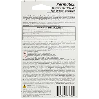 Permatex 25210 High Strength Removable Threadlocker Orange Liquid, 10 ml