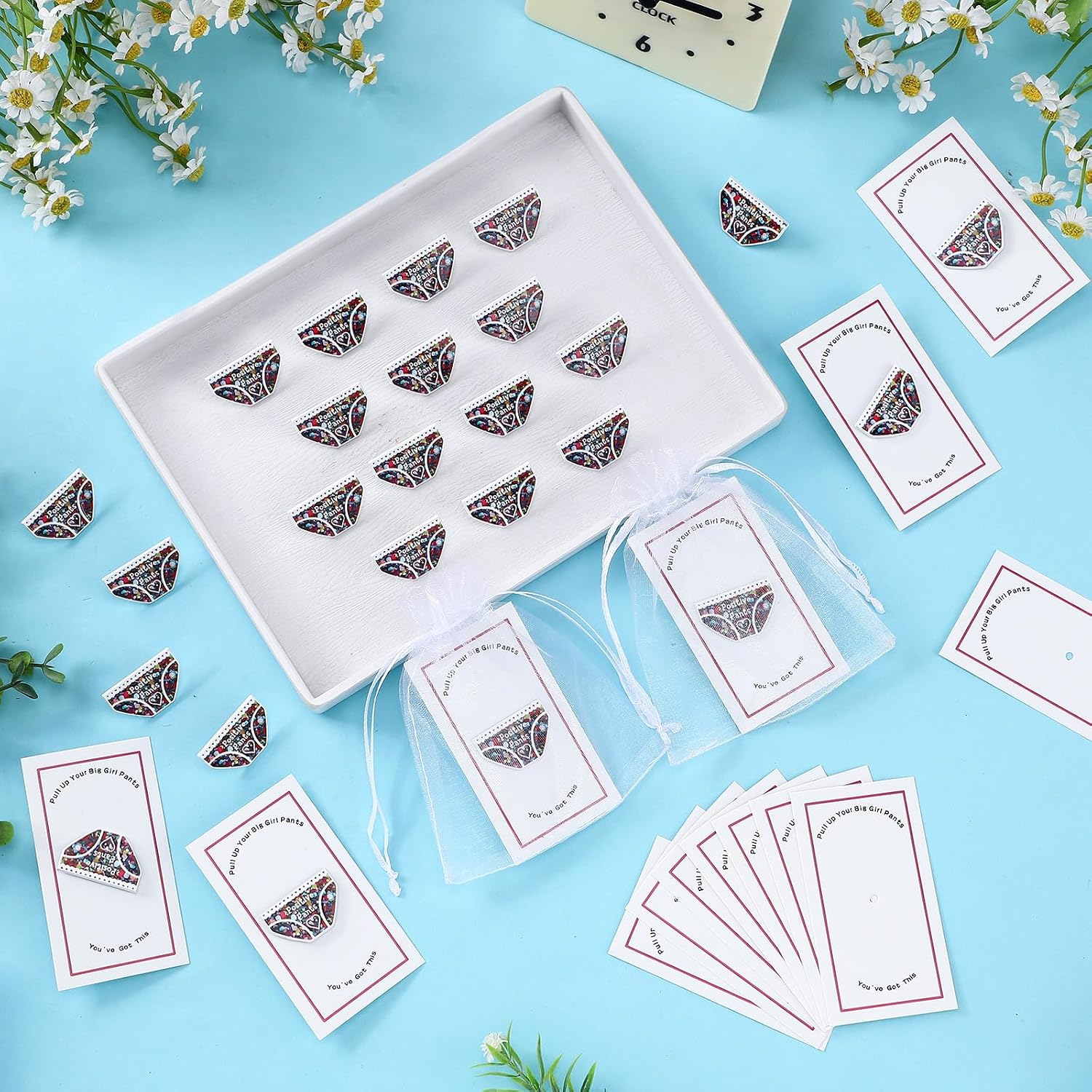 30 Sets Positive Pants Funny Pins Bulk, Graduation Gifts Funny "Put on Big Pants" Brooch Badge Set with Motivational Cards & Organza Bags for Girls Women Kids