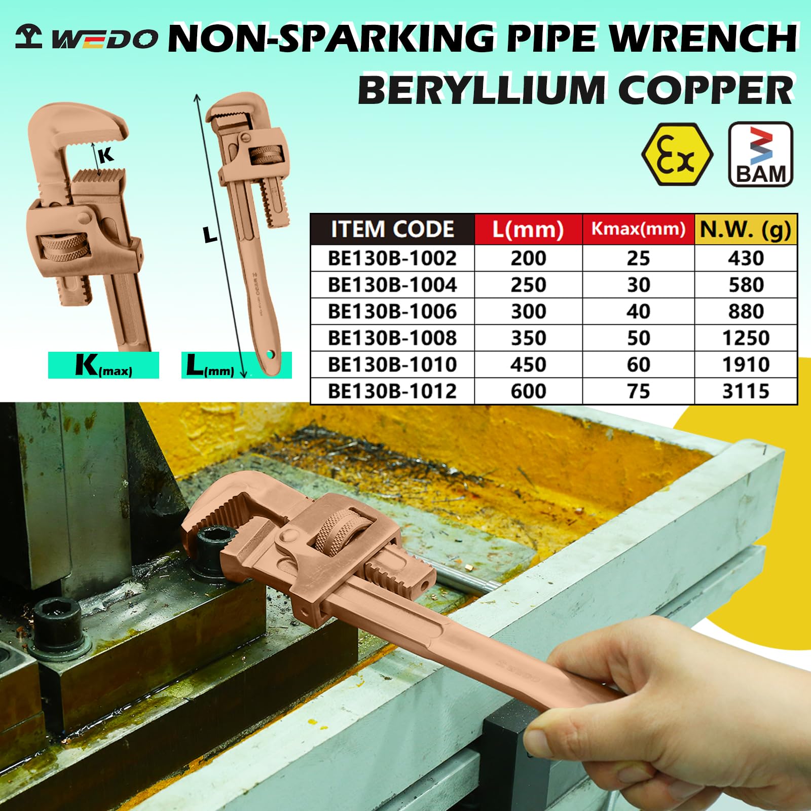 WEDO Klucz do rur nieparkingowych, prosty klucz hydrauliczny, bez iskier, klucz nastawny, miedź berylowa, niemagnetyczny, standard DIN, certyfikat BAM i FM, 350 mm