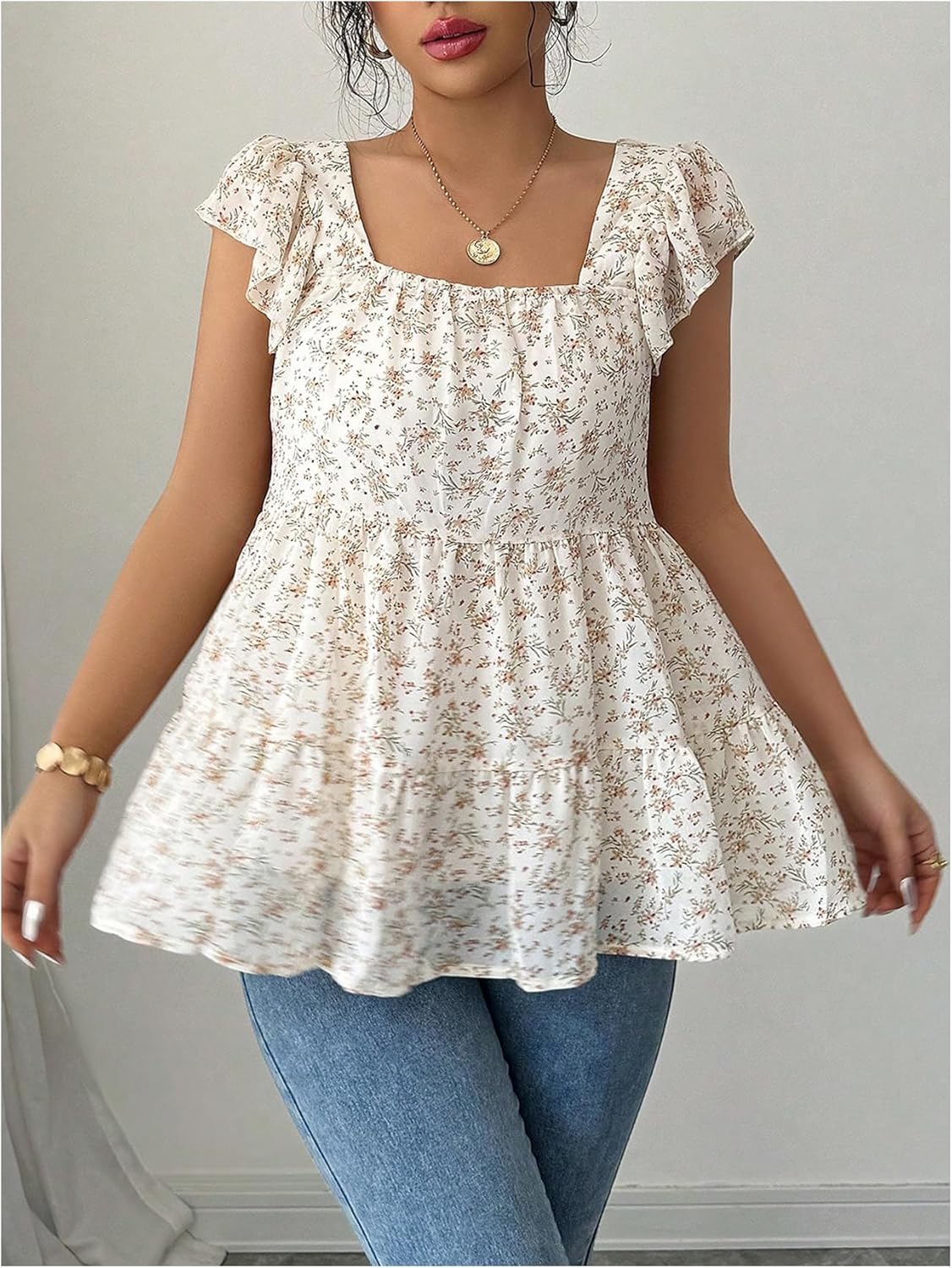 SOLY HUX Women's Floral Blouse Square Neck Cap Sleeve Ruffle Hem Babydoll Flowy Vacation Summer Tops - Image 5