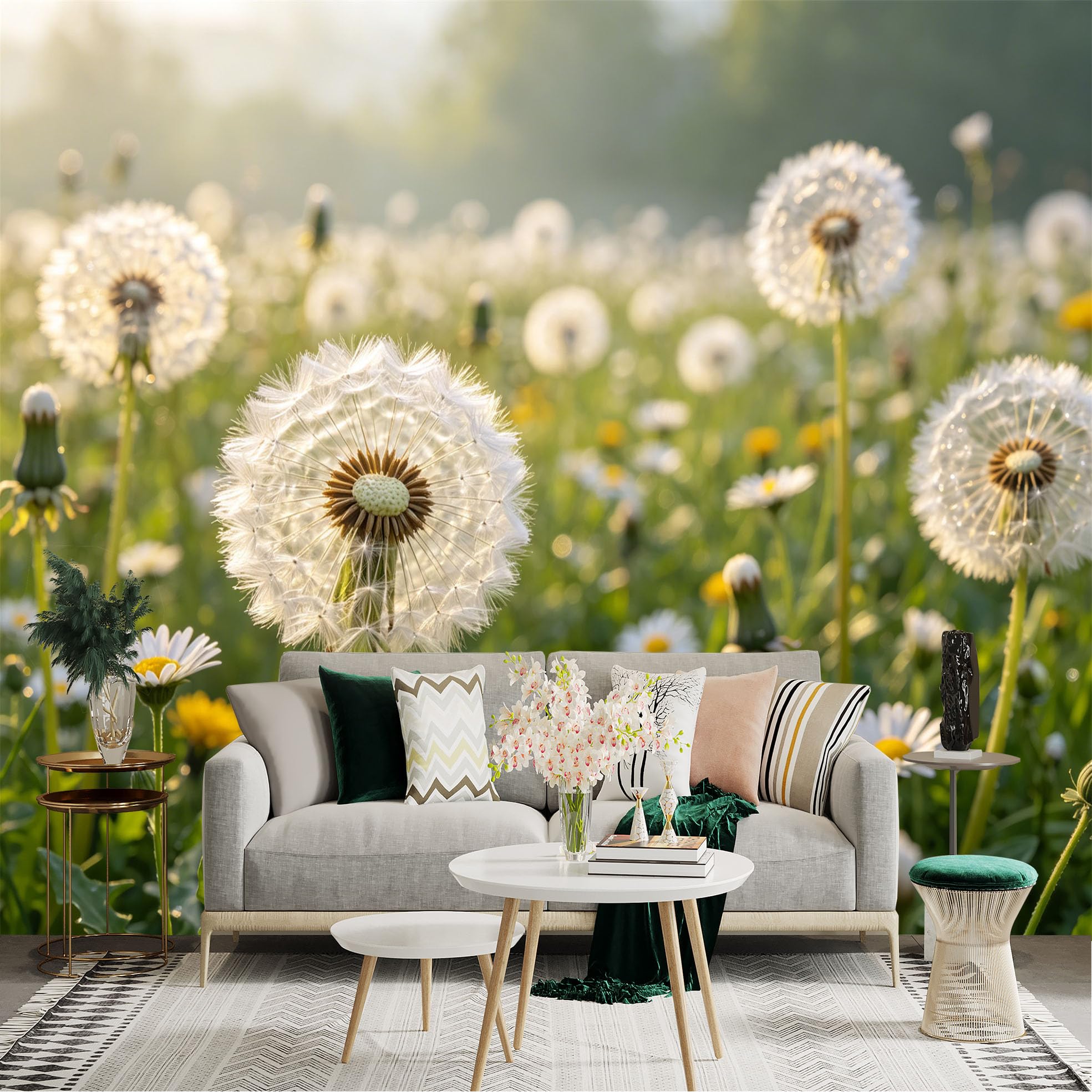 Lnzczhyre Dbh260521476 Custom Size Wall Sticker Mural， Dandelion Flower Field， Spring Meadow With White Daisies， Soft Sunlight Morning， Nature Botanical Landscape， For Wall Decoration， Peelandstick Wall Decals.