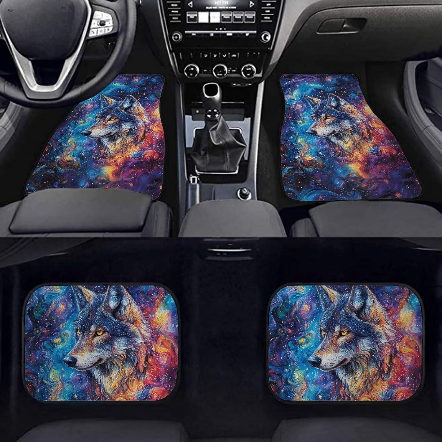 Amzbeauty Wolf Starry Sky Print Upgraded Car Floor Mats Front Rear Enhanced Edge Grip All-Around Protection