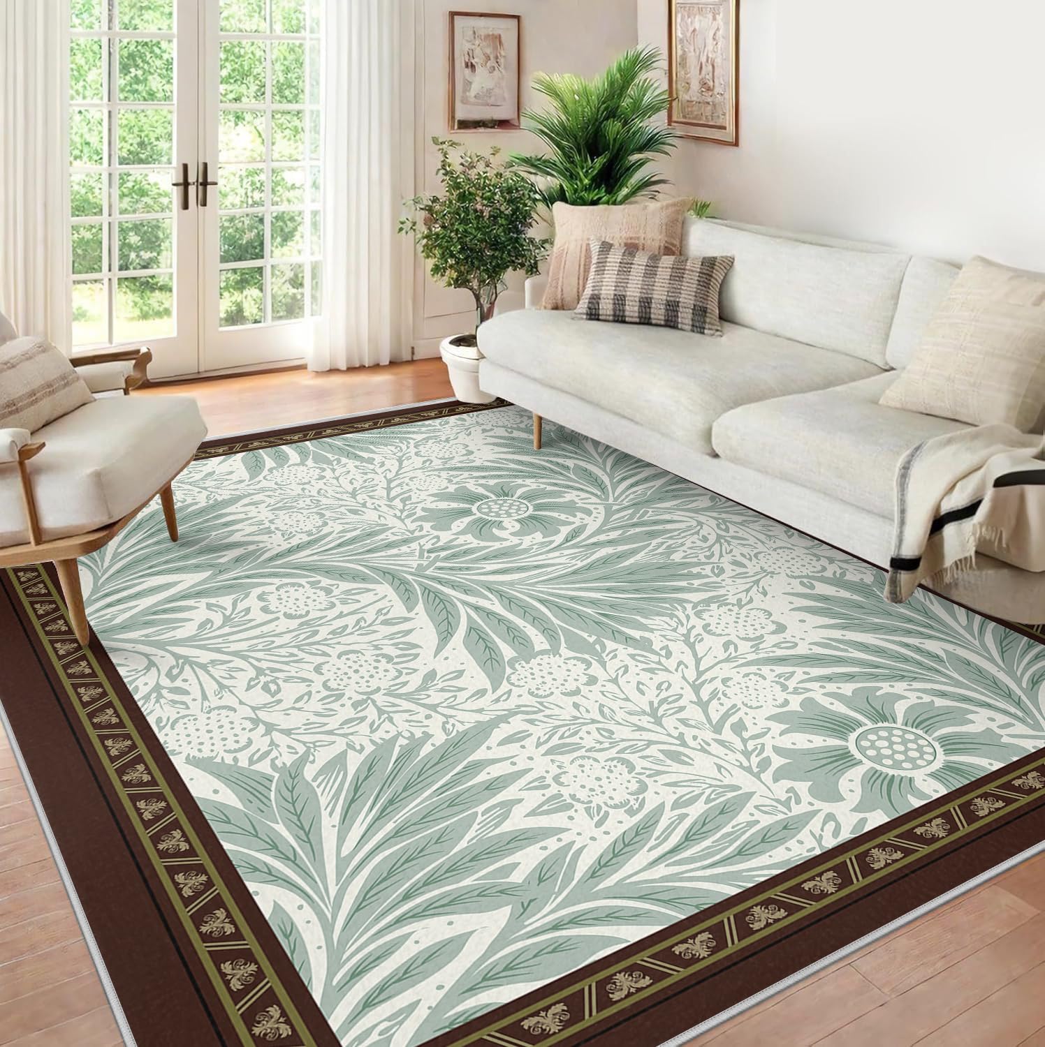 Antypoślizgowe dywaniki o wymiarach 200 x 300 cm, jasnozielone wzory roślin i kwiatów, cienki dywan do biura, korytarza, klasyczny brązowy brzeg, dekoracja, łatwe czyszczenie