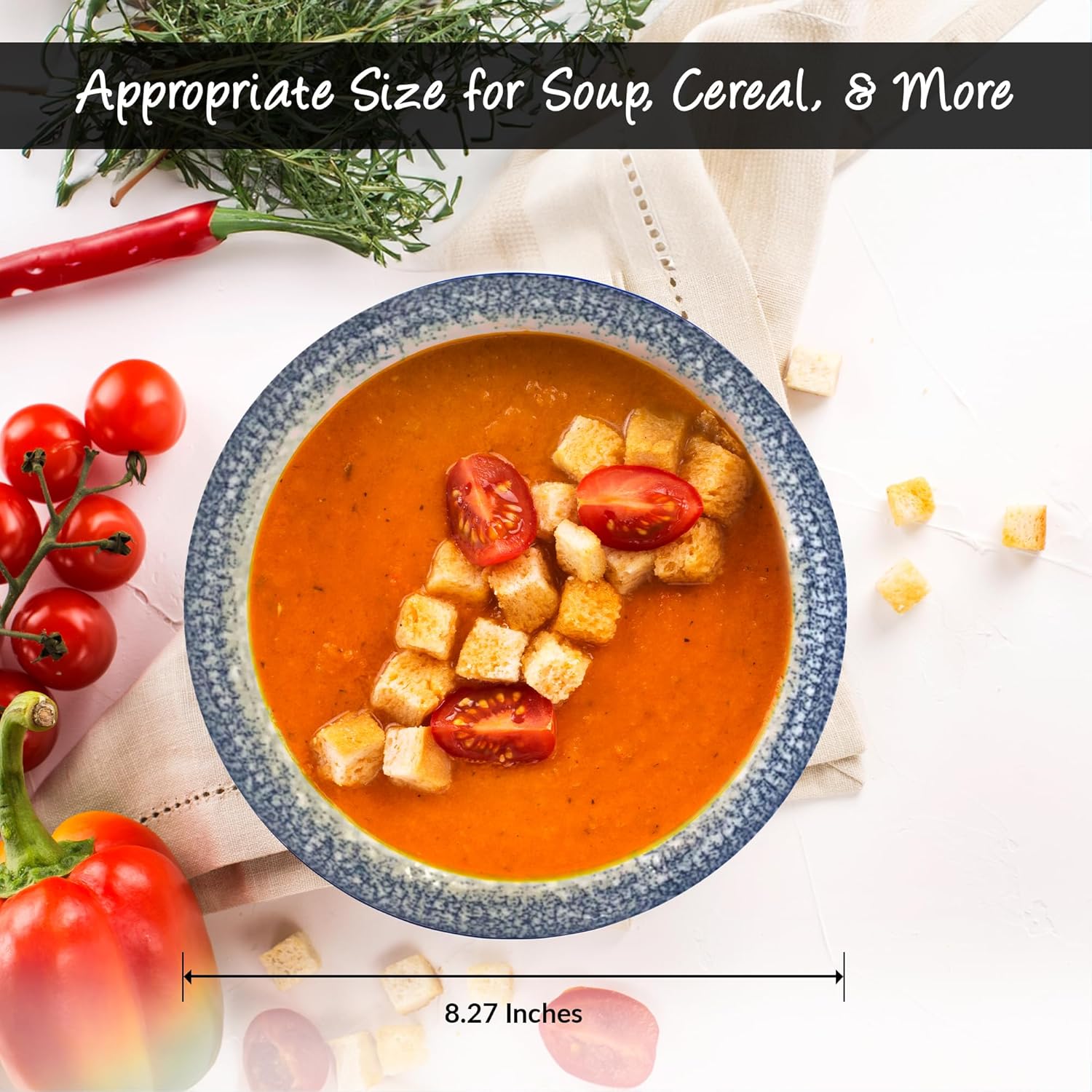 Gusto Buono 8.27" Set of 6 Porcelain Soup Plates | Pearl Effect with Blue Design | Dishwasher & Microwave Safe | Ideal for Indoor & Outdoor Dining | Ideal for Everyday Home Use, Parties & Gifts