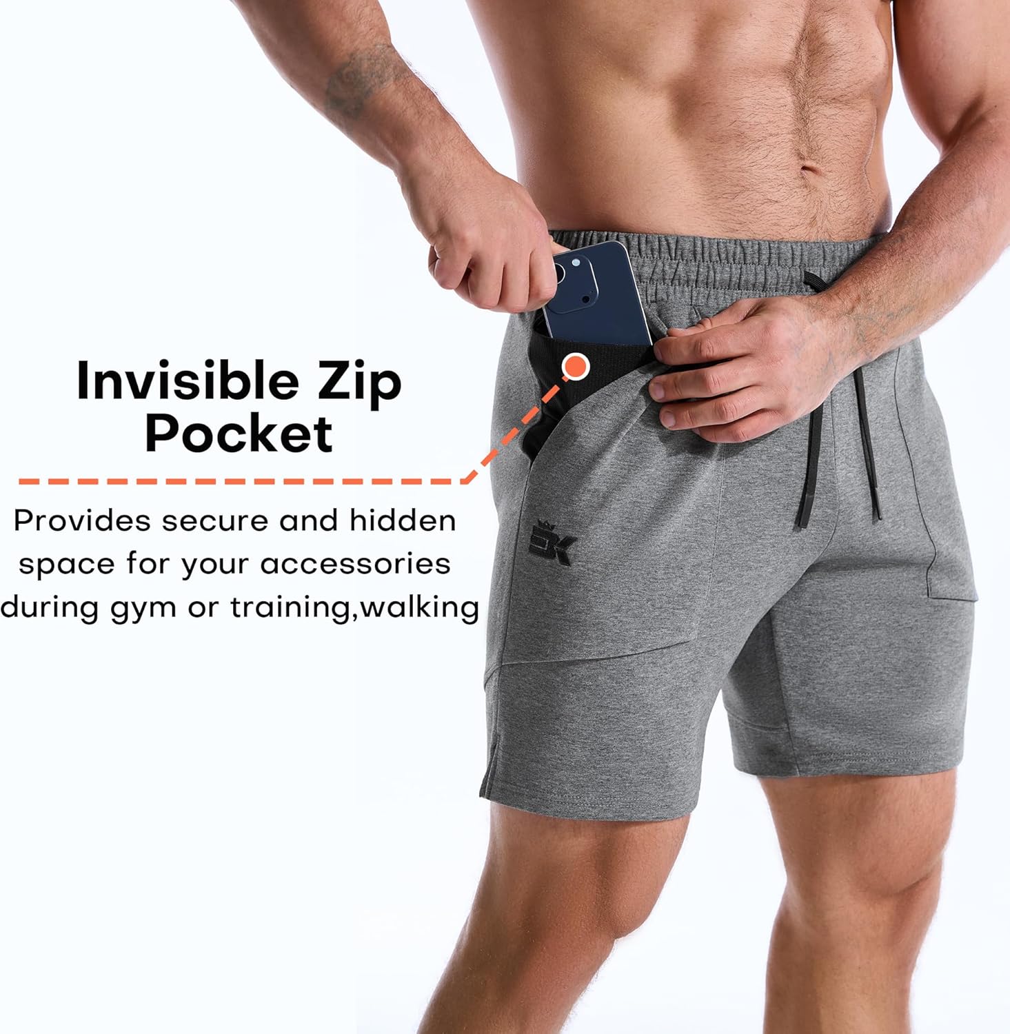 BROKIG Zero Armor Mens Gym Shorts 7" Inseam Slim Fit Anti-Chafing Cotton Workout Shorts with Zipper Pocket