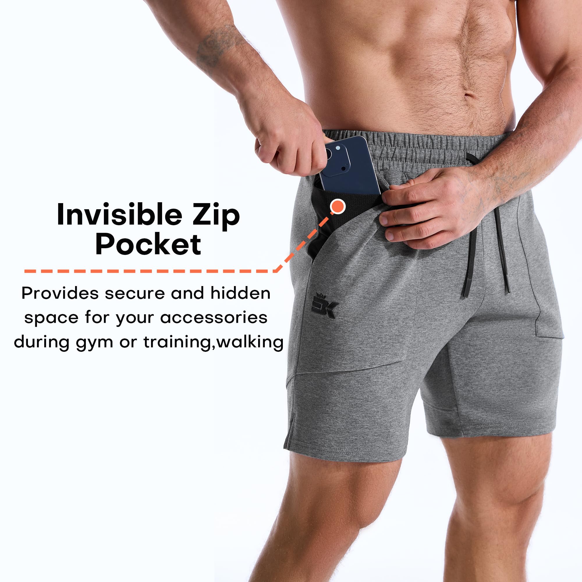 BROKIG Mens Zero Armor Gym Shorts,Cotton Running Workout Slim Fit Athletic Sweat Short for Men with Zip Pocket - 5