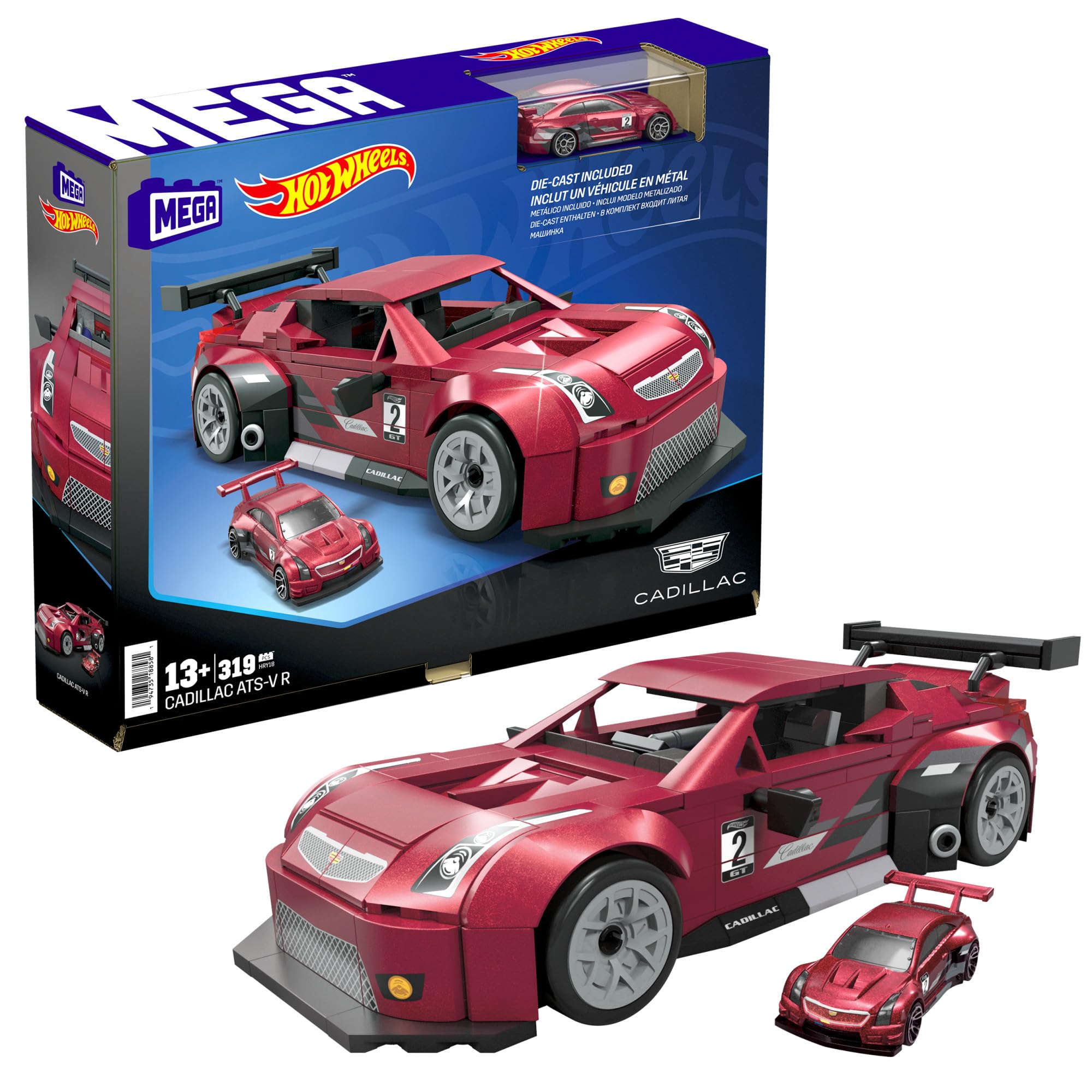 MEGA Hot Wheels - Cadillac ATS-V R, set da costruzione con 319 pezzi e ruote funzionanti, include macchinia die-cast in scala 1:24 abbinata, da collezione, giocattolo per bambini, 13+ anni, HRY18