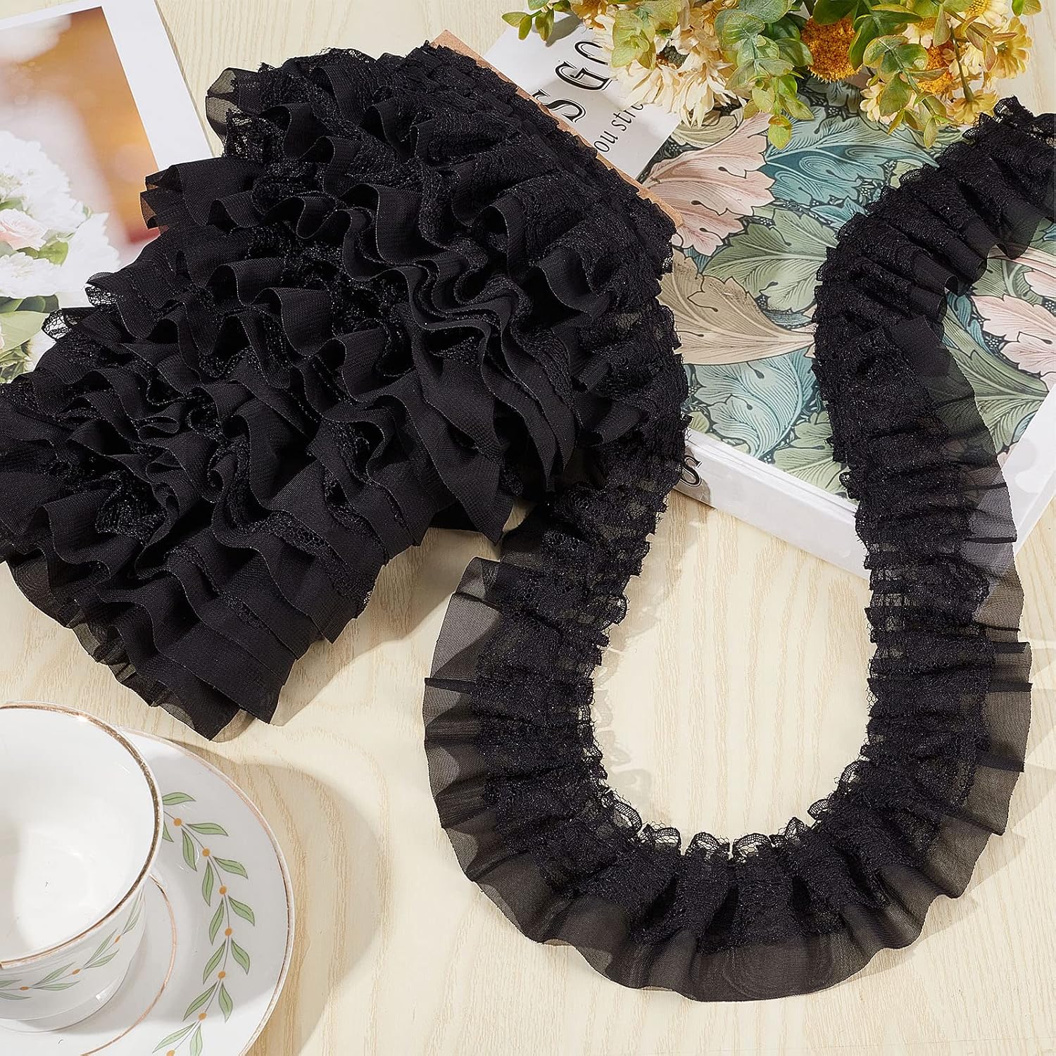 GORGECRAFT 11 Yards Black Double-Layer Pleated Chiffon Lace Trim 5cm Wide 2-Layer Gathered Ruffle Trim Edging Tulle Trimmings Fabric Ribbon for Home DIY Sewing Crafts Costume Pillowcase Embellishments