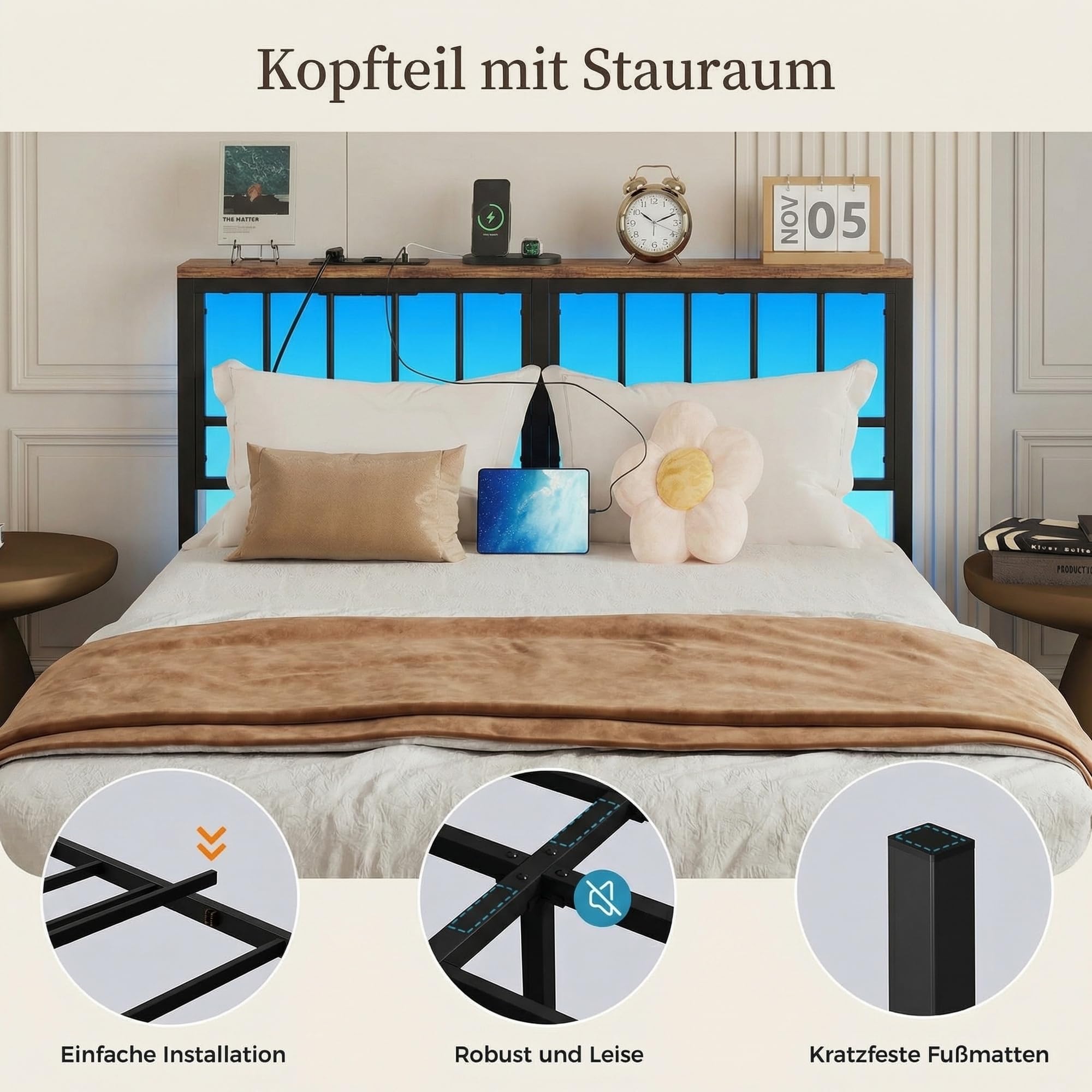 IRONCK Letto 120 x 200 cm con Illuminazione a LED, Struttura Letto 120x200 cm con 2 Cassetti, Letto Singolo con 2 Prese AC 1 Porta USB 1 Porta Type-C, con Rete a Doghe in Meta