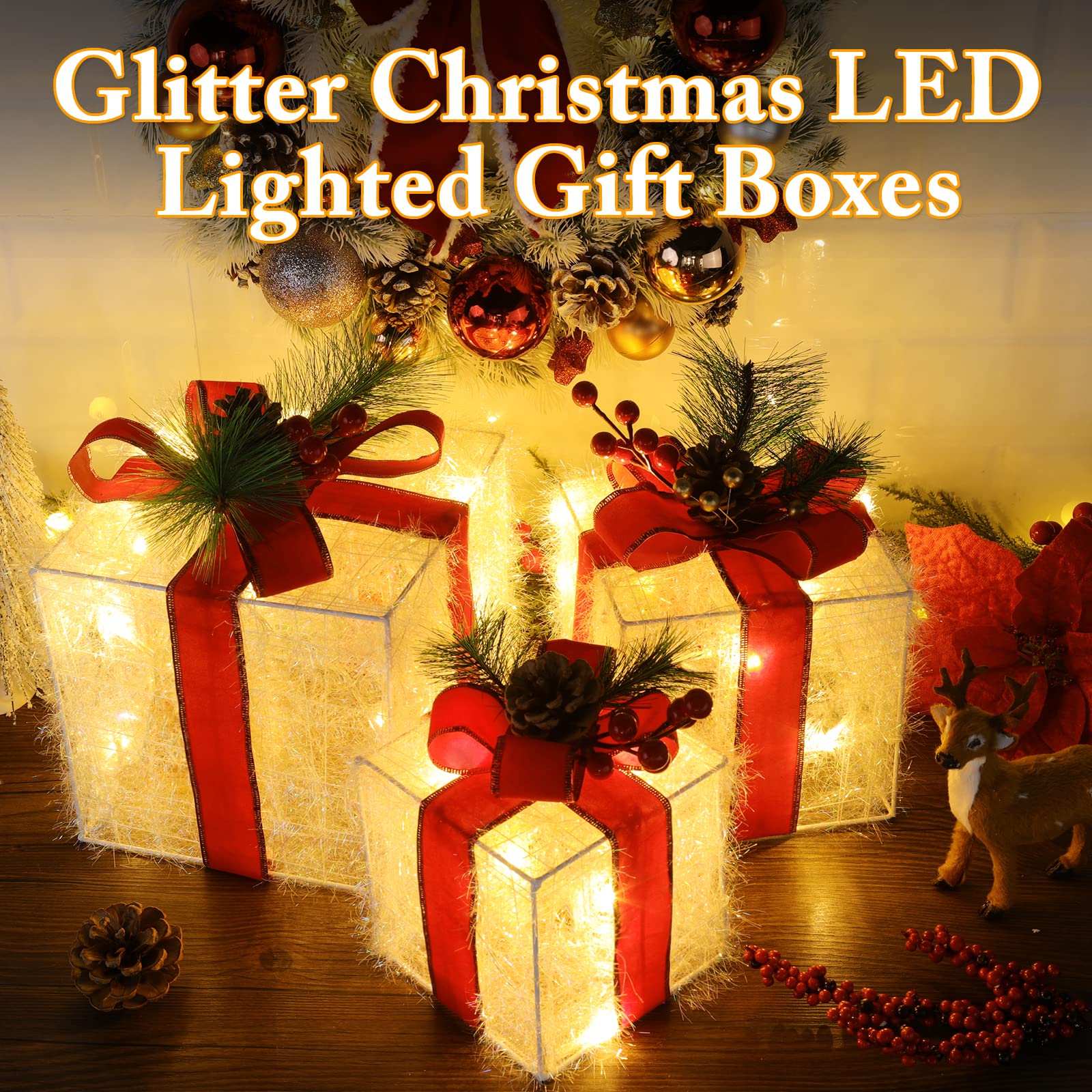 Elegear Christmas Lighted Gift Boxes, Christmas Decorations Indoor 8 Modes & Timer Function Set of 3 Plug-in Light Up Present Boxes with 60 LEDs Christmas Decor with Pine Cones for Holiday Party Xmas
