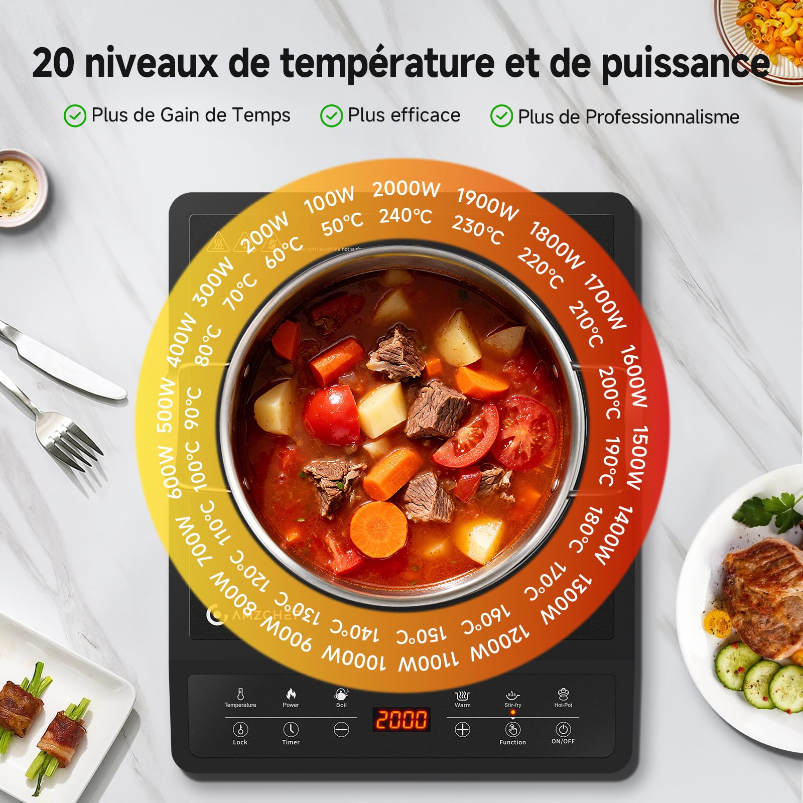 AMZCHEF Plaque Induction, Plaque à induction, 20 Réglages de Rempérature et de Puissance, Design Slim avec Plaque en Céramique Noire, Commande par Capteur, Timer 3H.