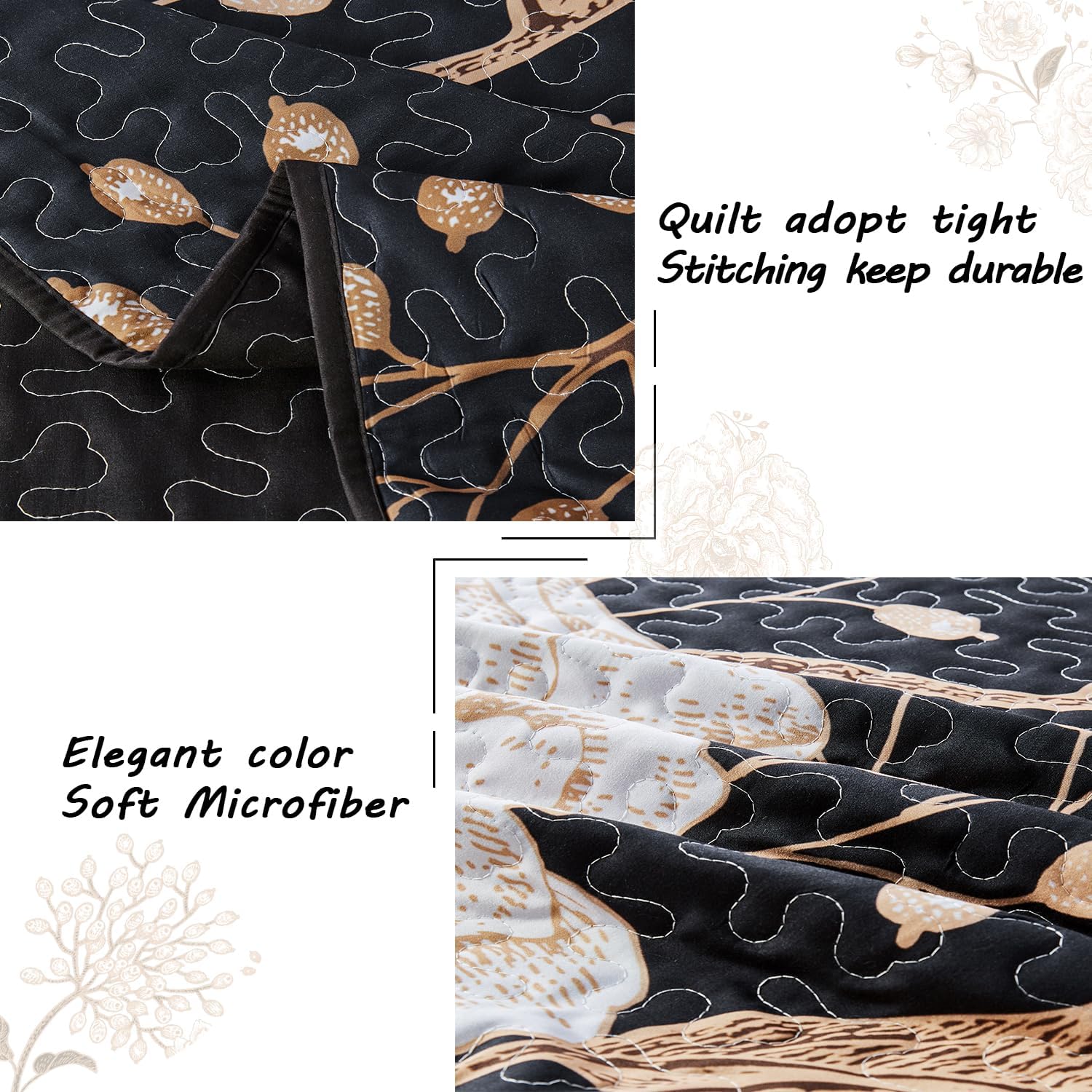 Yogeneg Full Queen Size Quilt Set,White Gold Floral Botanical Pattern Black Bedding Set,3 Piece Lightweight Soft Summer Bedspread Coverlet with 2 PIillow Sham for All Season(Black Floral,90"x96") - Image 5