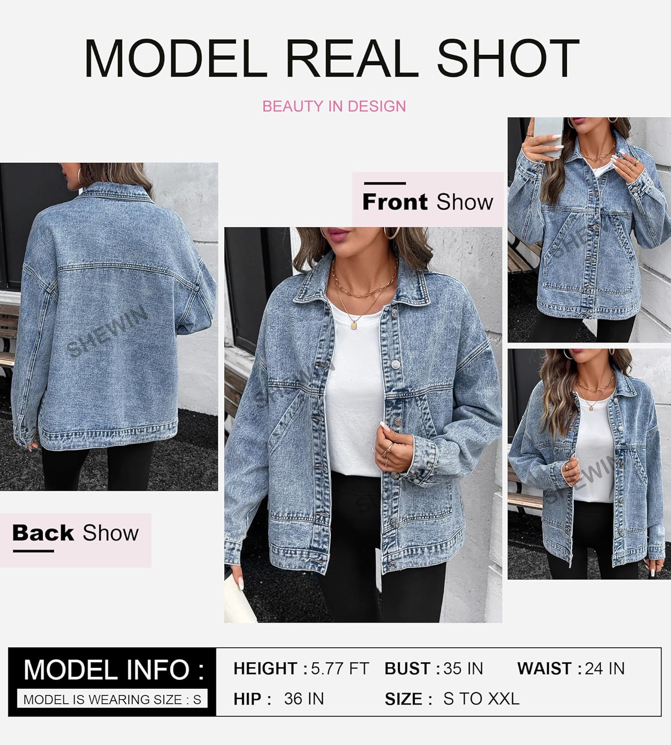 SHEWIN Womens Denim Jacket Casual Long Sleeve Drop Shoulder Button Front Jean Jacket Coat With Pockets - Image 5